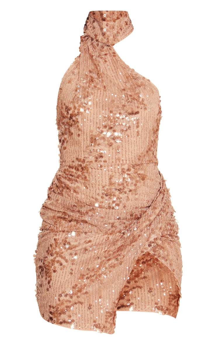 Rose Gold Sequin Halterneck Ruched Detail Bodycon Dress