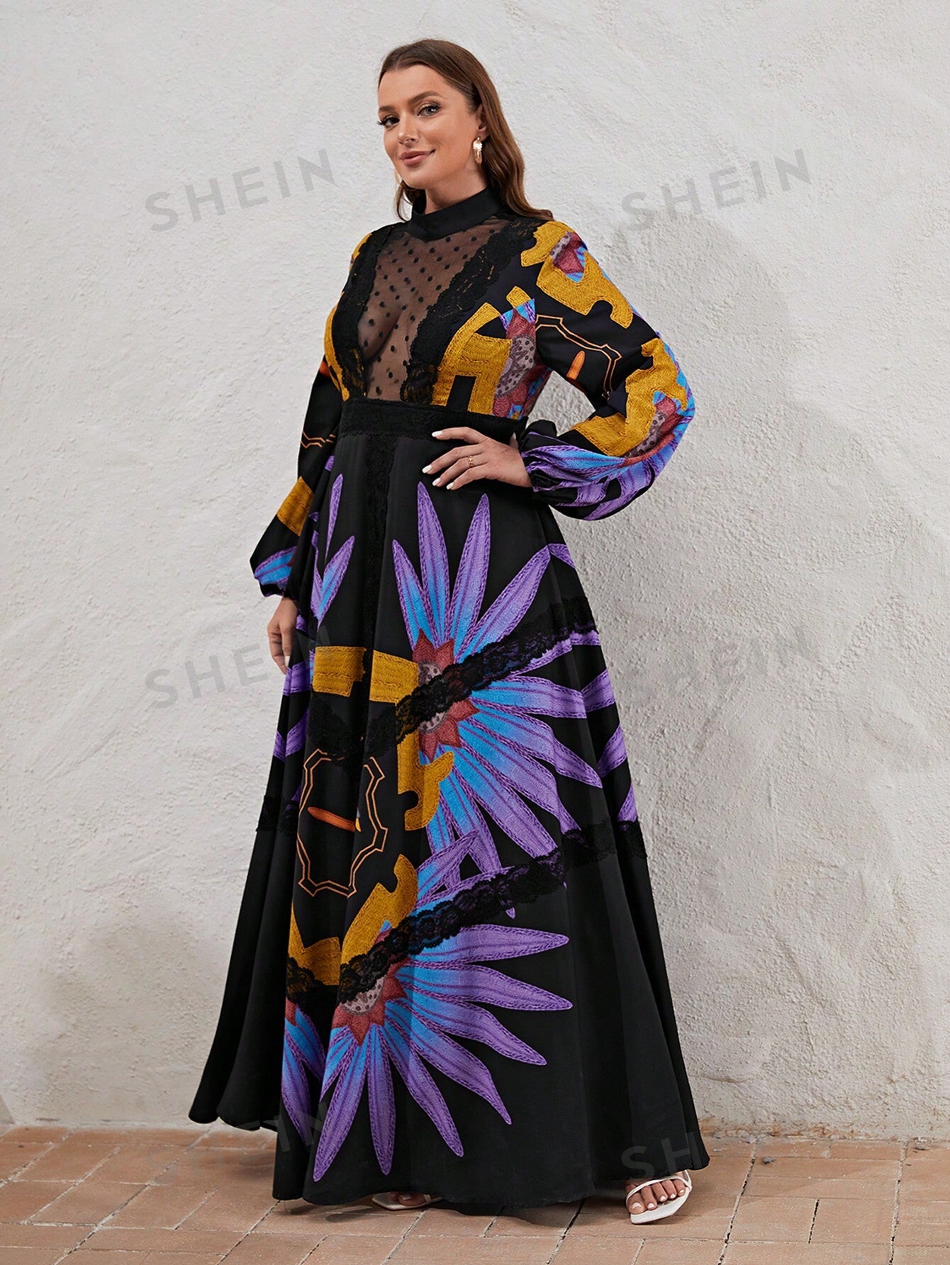 Designer Plus Floral Print Contrast Mesh Insert Lantern Sleeve Maxi Dress