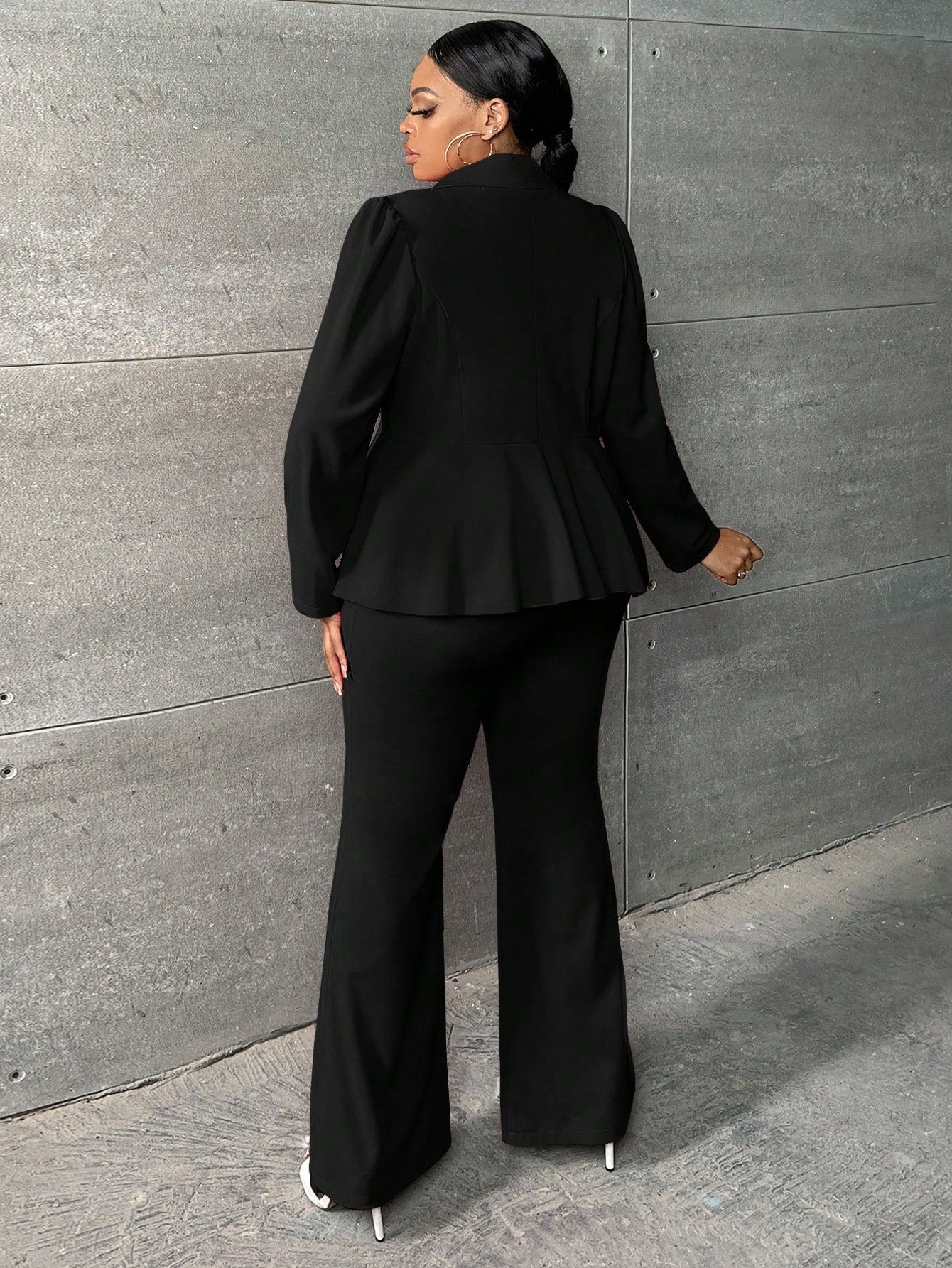 SXY Plus Solid Open Front Blazer & Flare Leg Pants