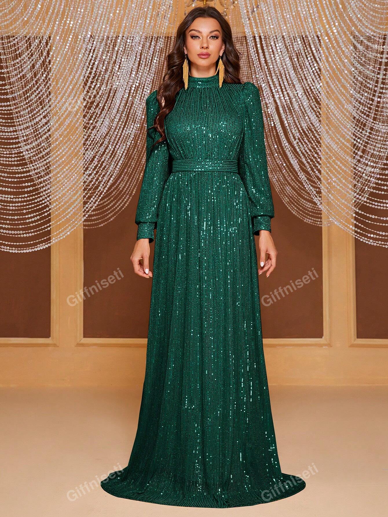 Giffniseti Ladies Sequined Long Sleeve Turtleneck Evening Gown