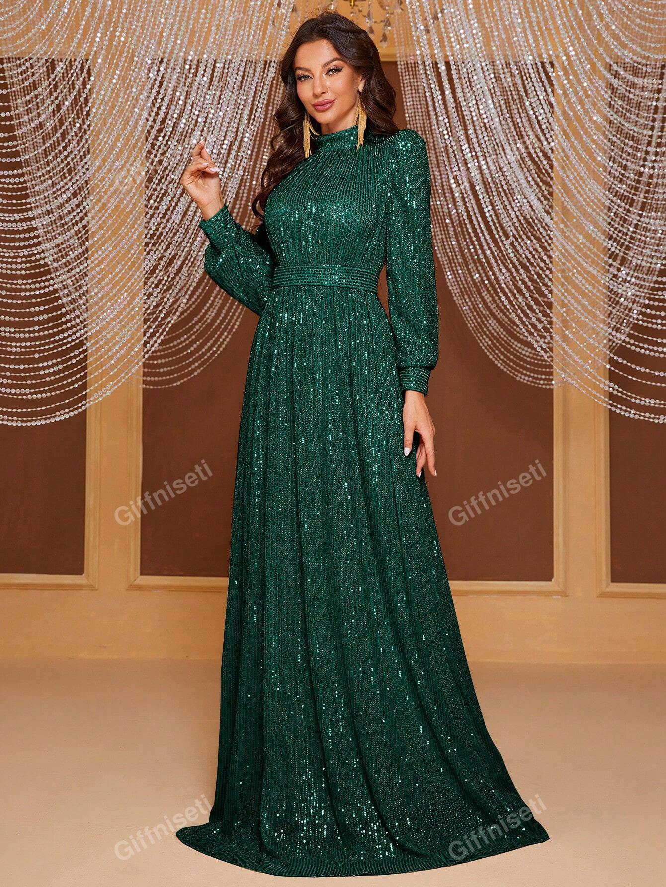 Giffniseti Ladies Sequined Long Sleeve Turtleneck Evening Gown