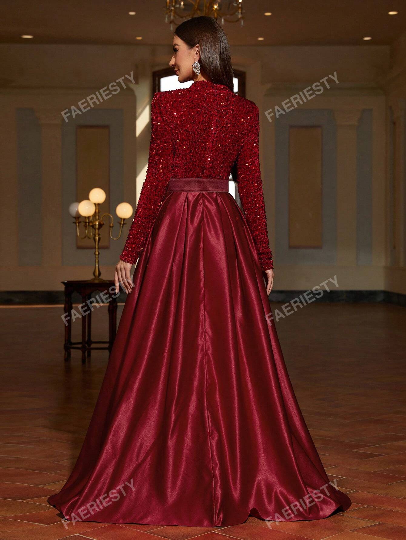 Mock Neck Contrast Sequin Satin Formal Dress