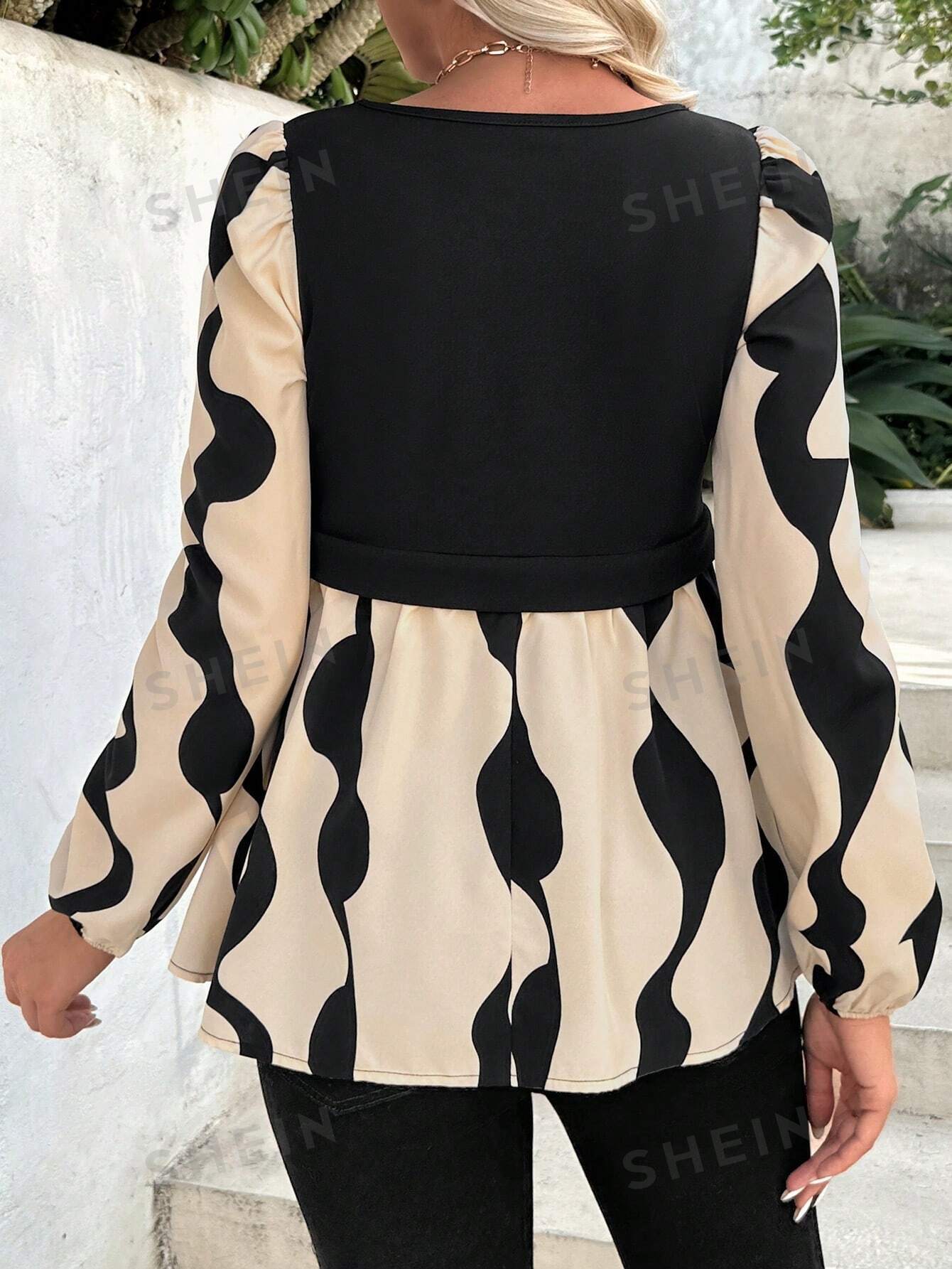 Maternity Print Patchwork Lantern Sleeve Shirt