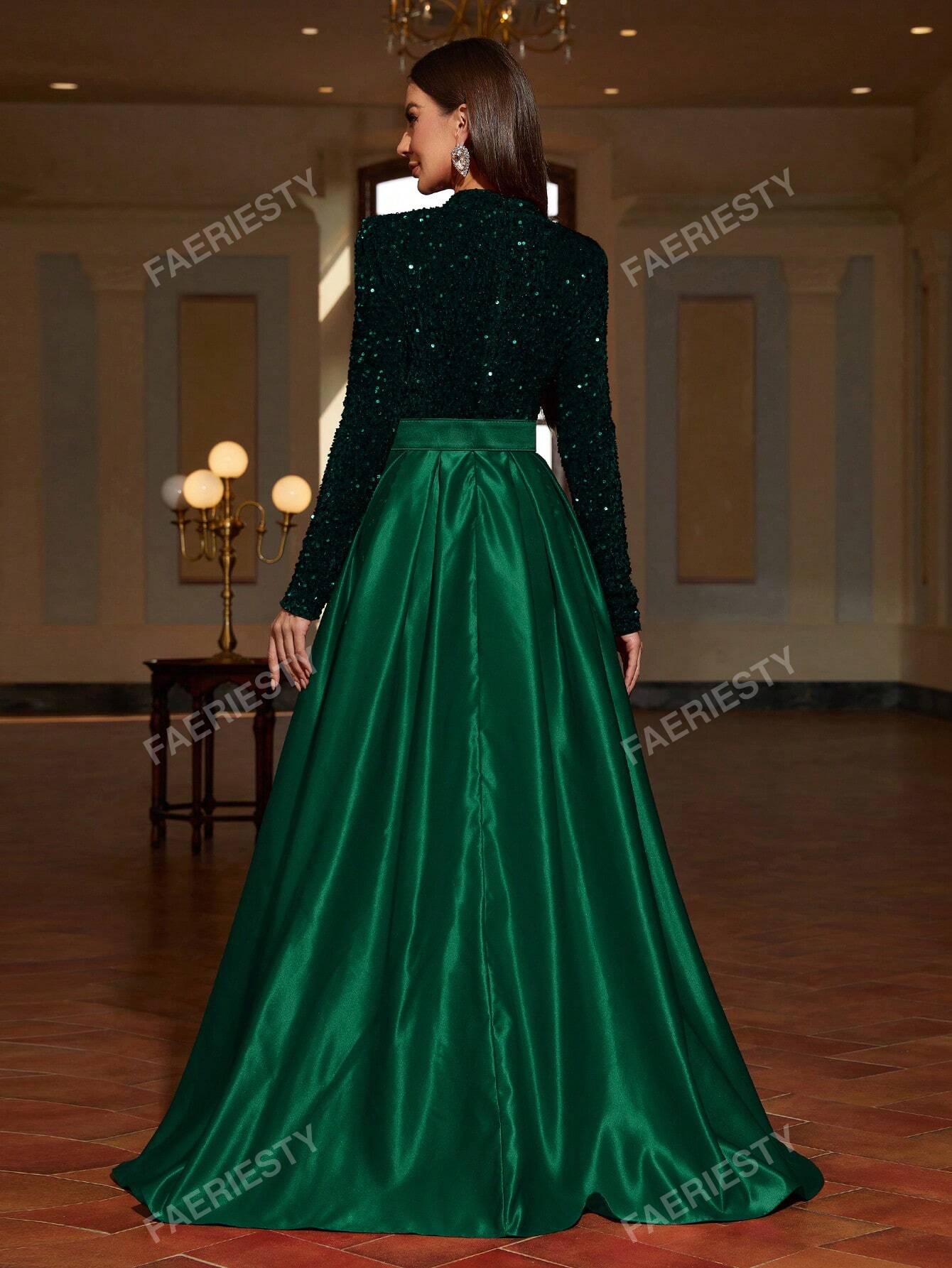 Mock Neck Contrast Sequin Satin Formal Dress