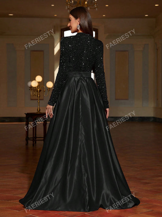 Mock Neck Contrast Sequin Satin Formal Dress