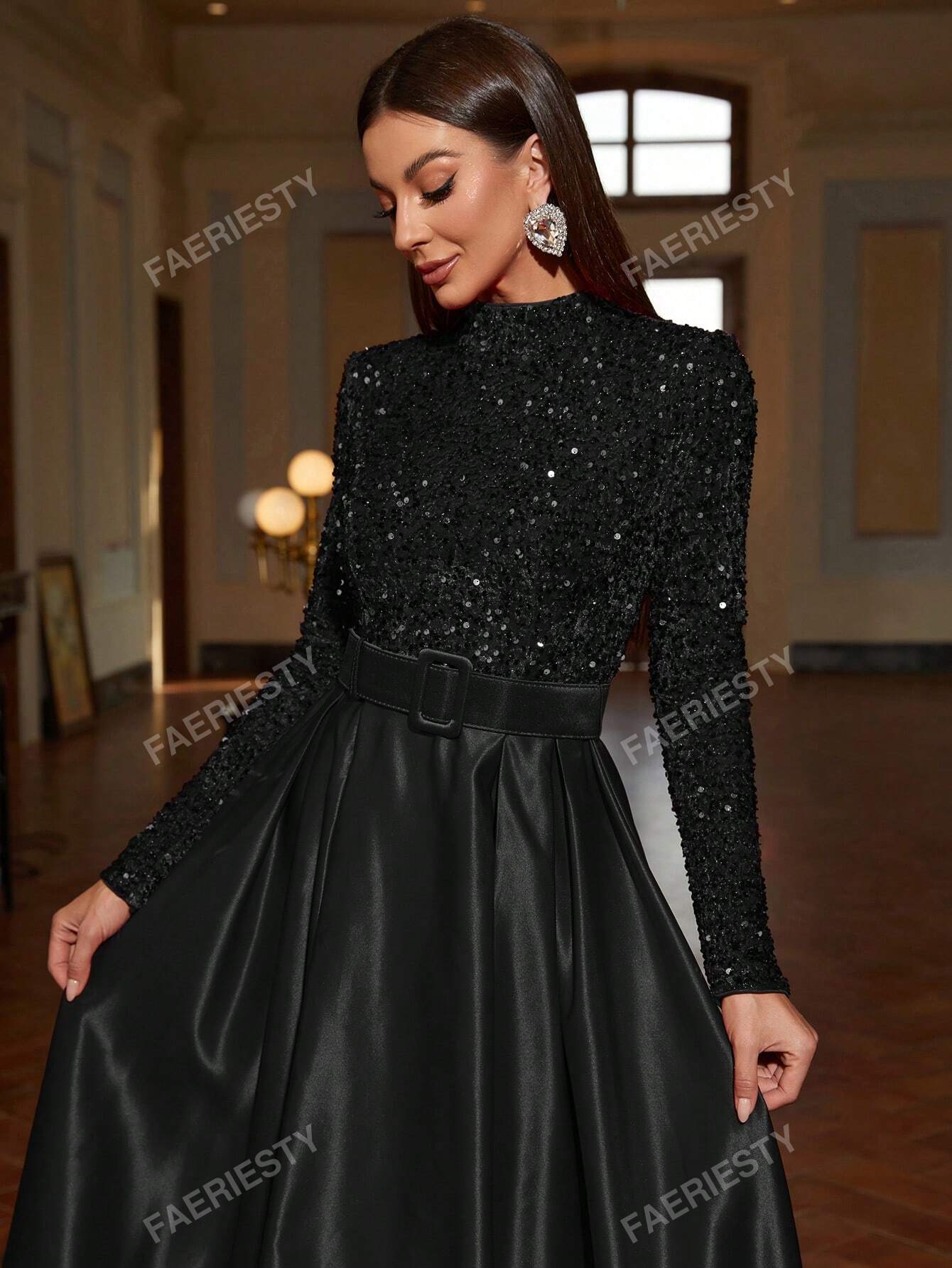 Mock Neck Contrast Sequin Satin Formal Dress