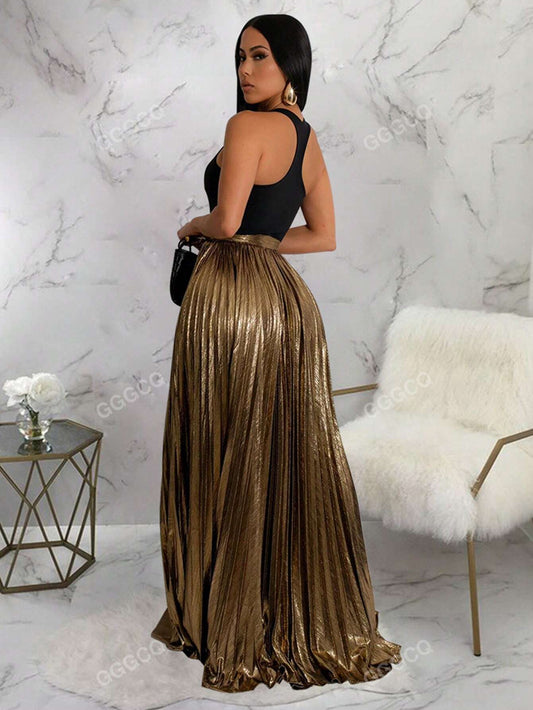 Women's Metallic High Slit Skirt, Party Style