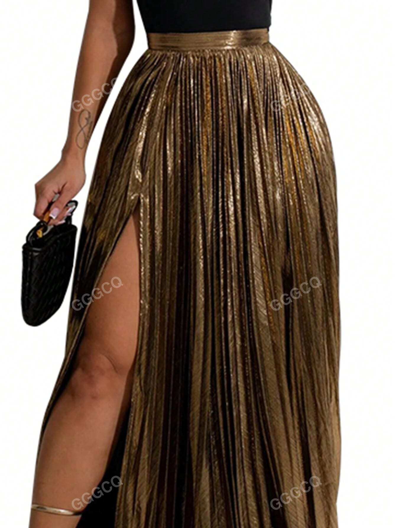 Women's Metallic High Slit Skirt, Party Style