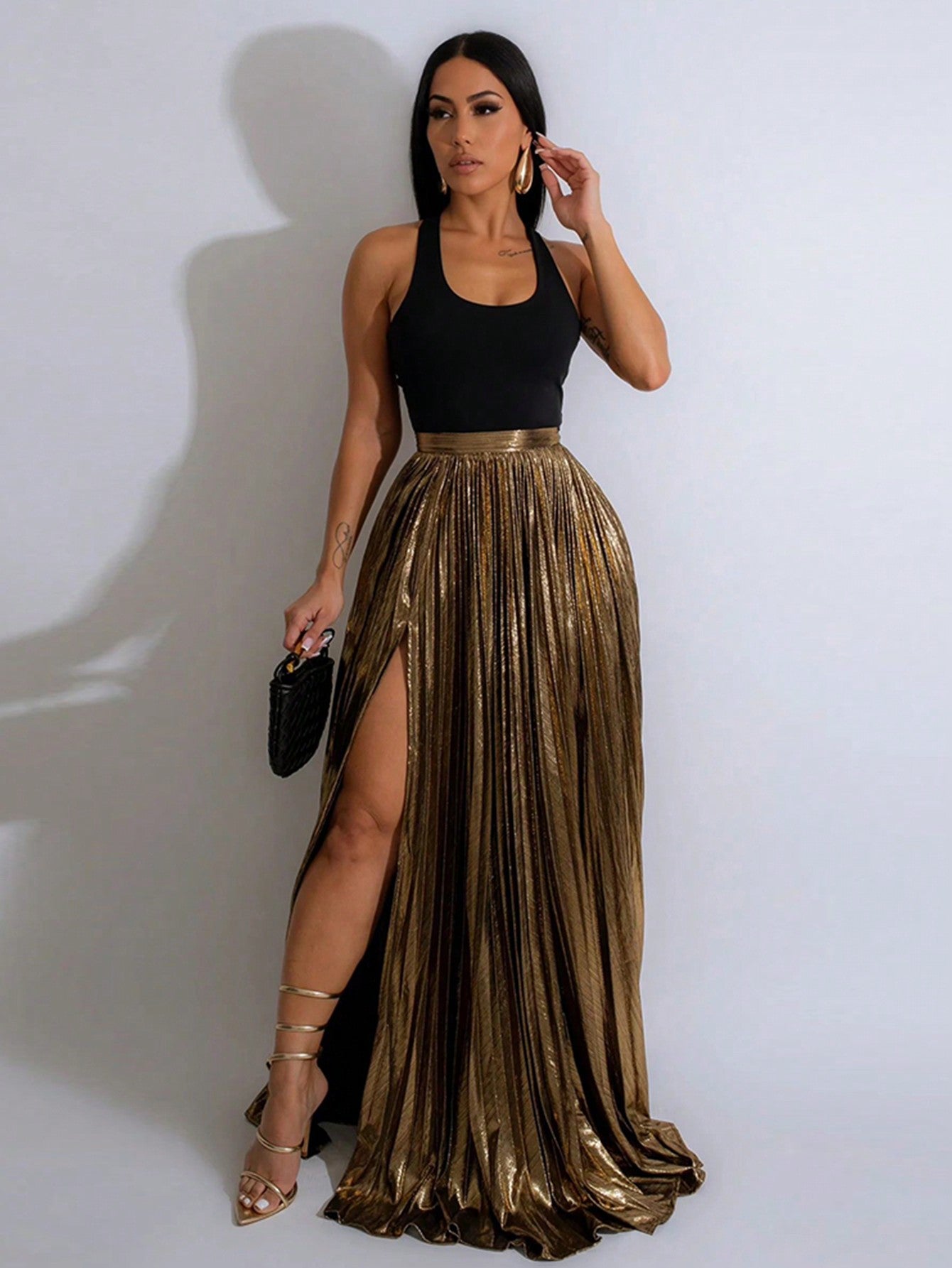 Women's Metallic High Slit Skirt, Party Style