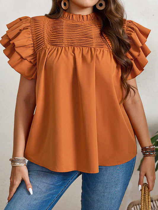 LUNE Plus Size Summer Casual Double Layered Orange Shirt With Ruffle Sleeves