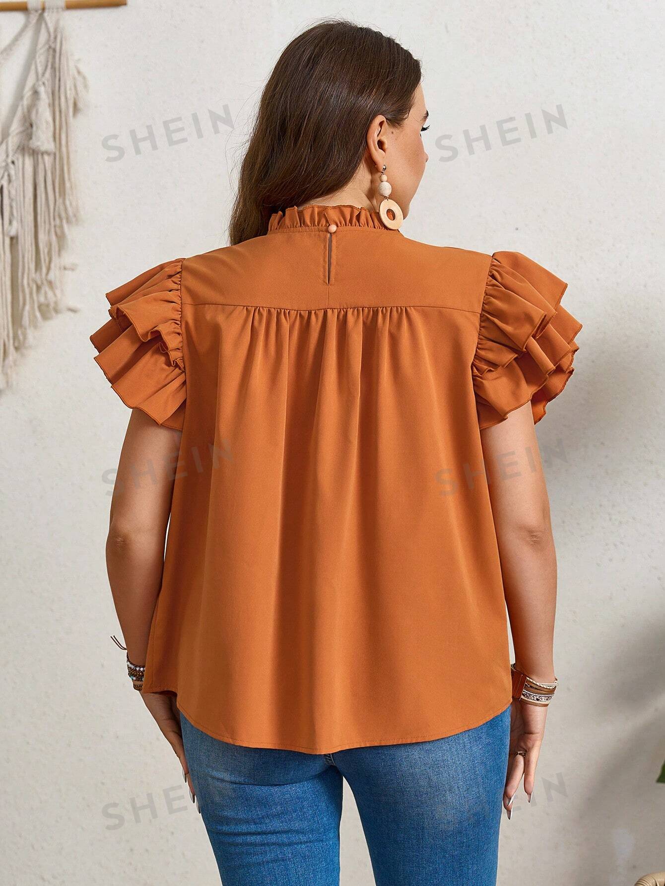 LUNE Plus Size Summer Casual Double Layered Orange Shirt With Ruffle Sleeves