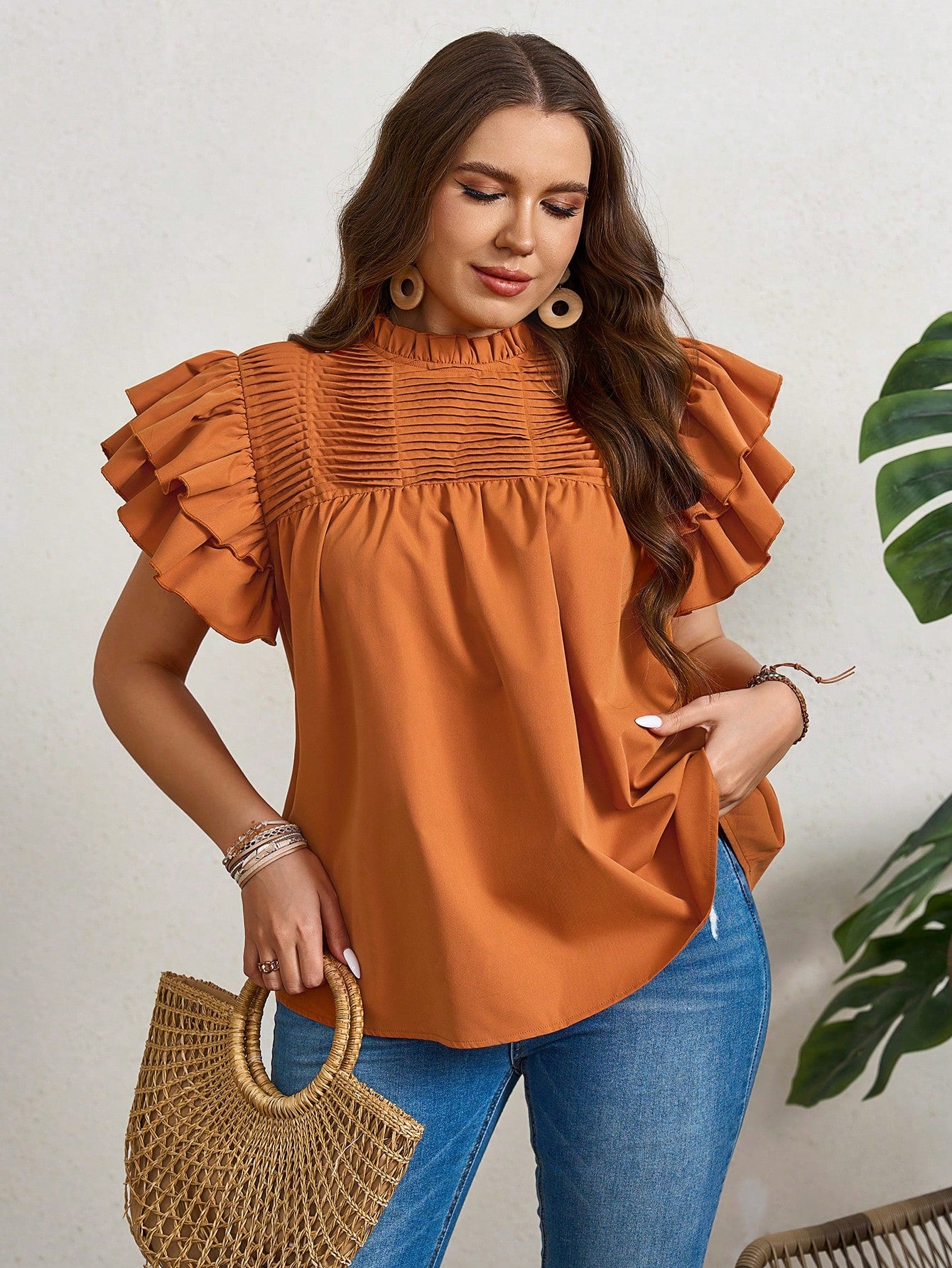 LUNE Plus Size Summer Casual Double Layered Orange Shirt With Ruffle Sleeves