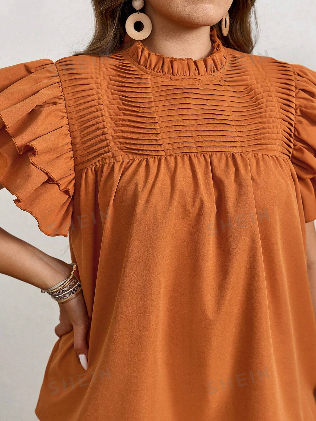 LUNE Plus Size Summer Casual Double Layered Orange Shirt With Ruffle Sleeves