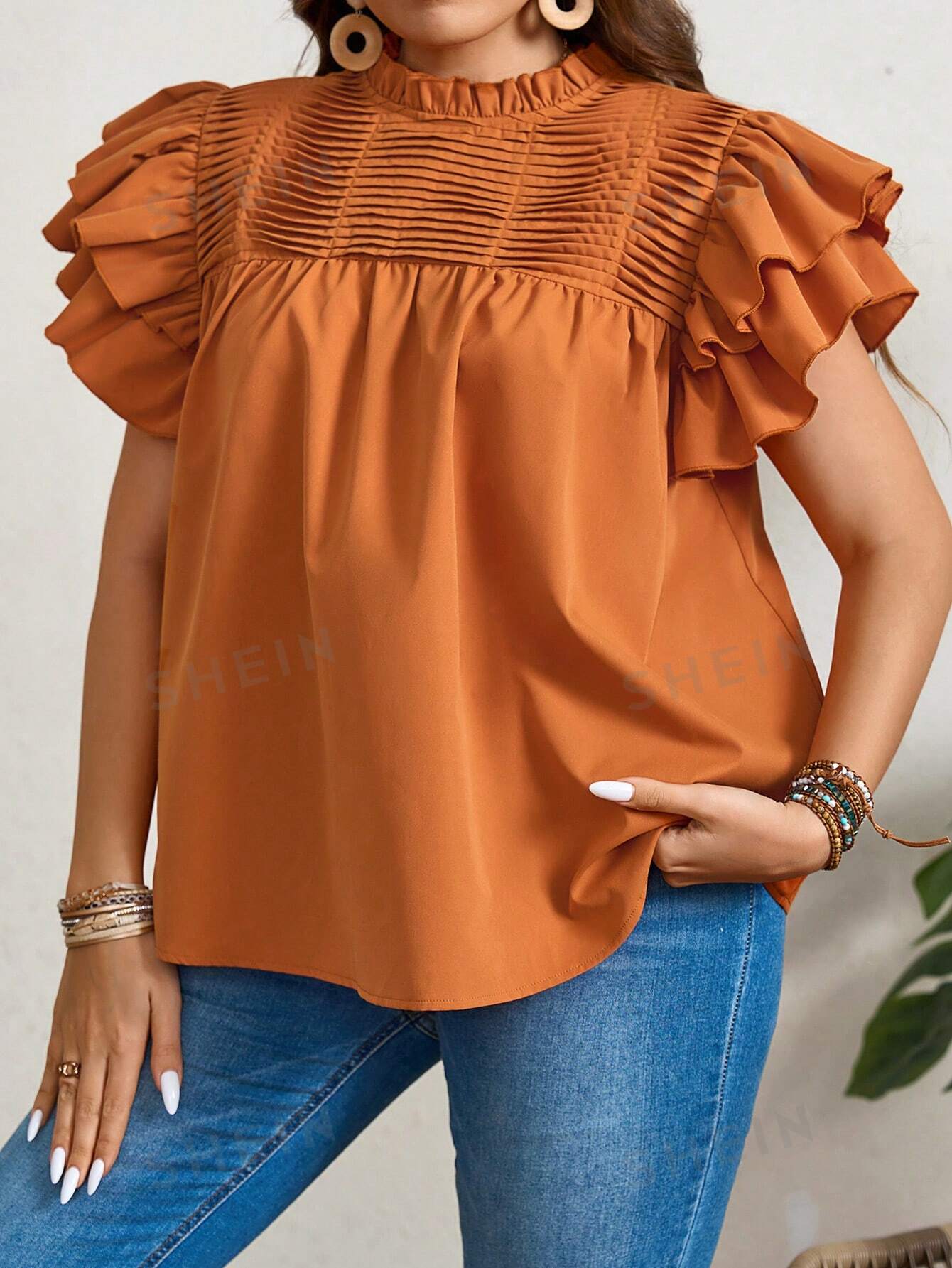 LUNE Plus Size Summer Casual Double Layered Orange Shirt With Ruffle Sleeves