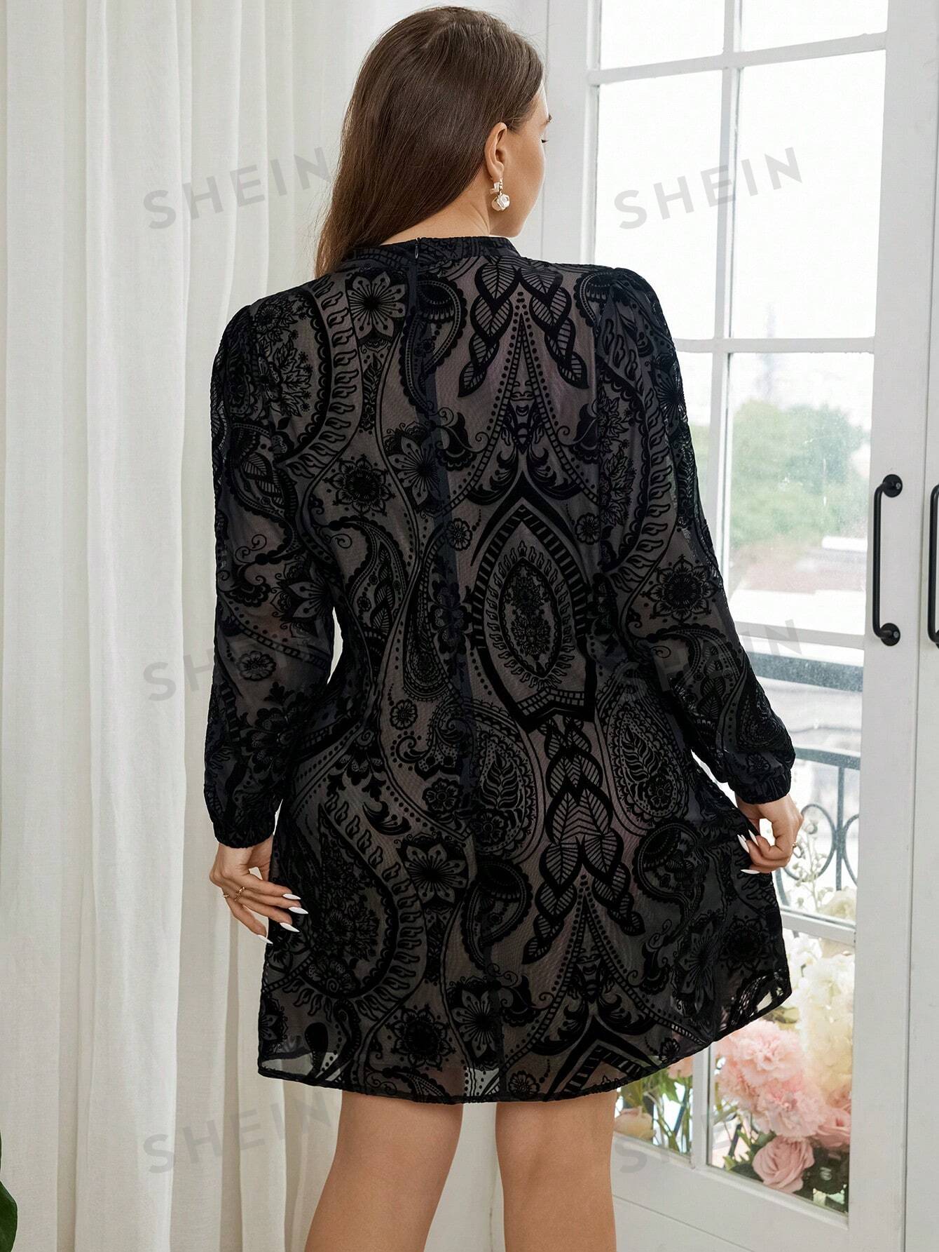 Privé Plus Size Elegant Plush Printed Fitted Short A-Line See-Through Long Sleeve Dress