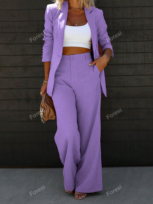 Elegant Flat Lapel Single Button Suit Jacket And Wide Leg Pants Set