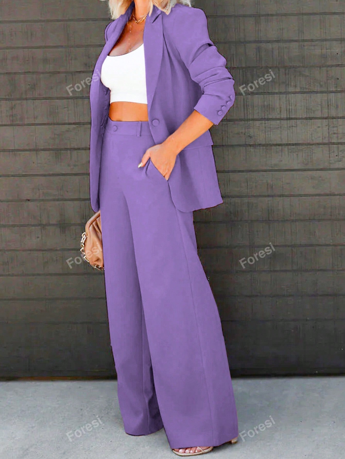 Elegant Flat Lapel Single Button Suit Jacket And Wide Leg Pants Set