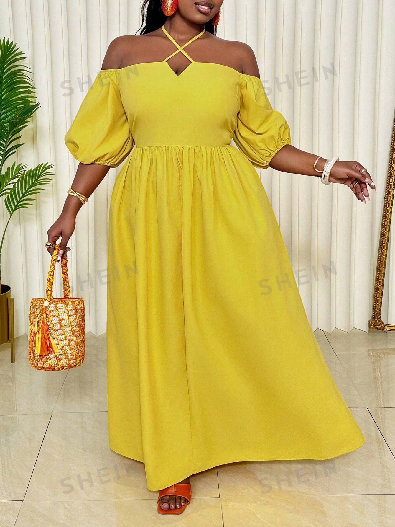 Slayr Plus Size Women's Casual Yellow Dress With Off-Shoulder Bubble Sleeves, Waist-Cinching And Flared Hemline, Perfect For Vacation In Spring And Summer -C