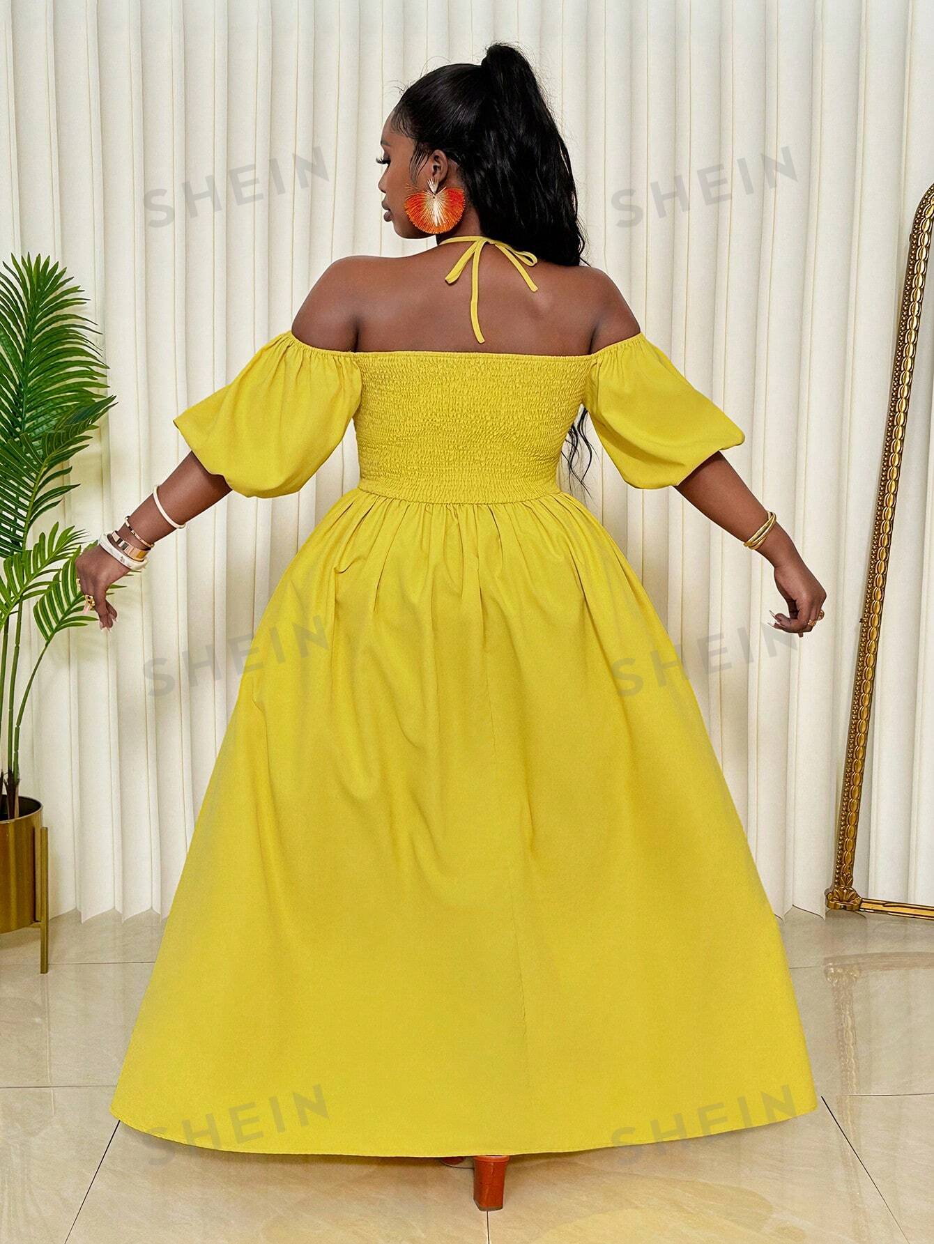 Slayr Plus Size Women's Casual Yellow Dress With Off-Shoulder Bubble Sleeves, Waist-Cinching And Flared Hemline, Perfect For Vacation In Spring And Summer -C