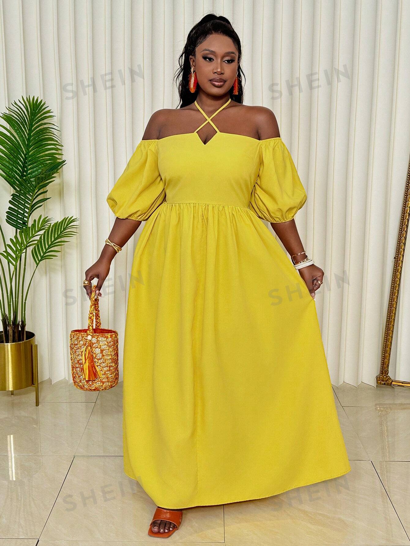 Slayr Plus Size Women's Casual Yellow Dress With Off-Shoulder Bubble Sleeves, Waist-Cinching And Flared Hemline, Perfect For Vacation In Spring And Summer -C