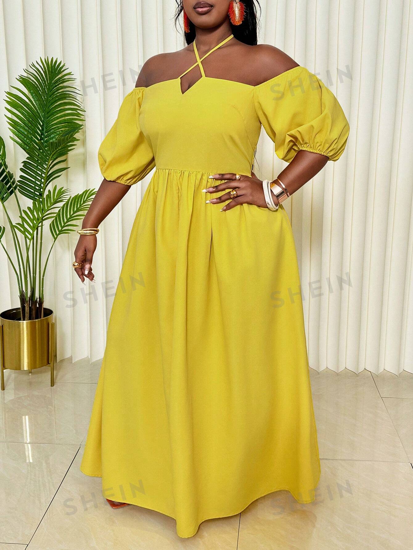 Slayr Plus Size Women's Casual Yellow Dress With Off-Shoulder Bubble Sleeves, Waist-Cinching And Flared Hemline, Perfect For Vacation In Spring And Summer -C