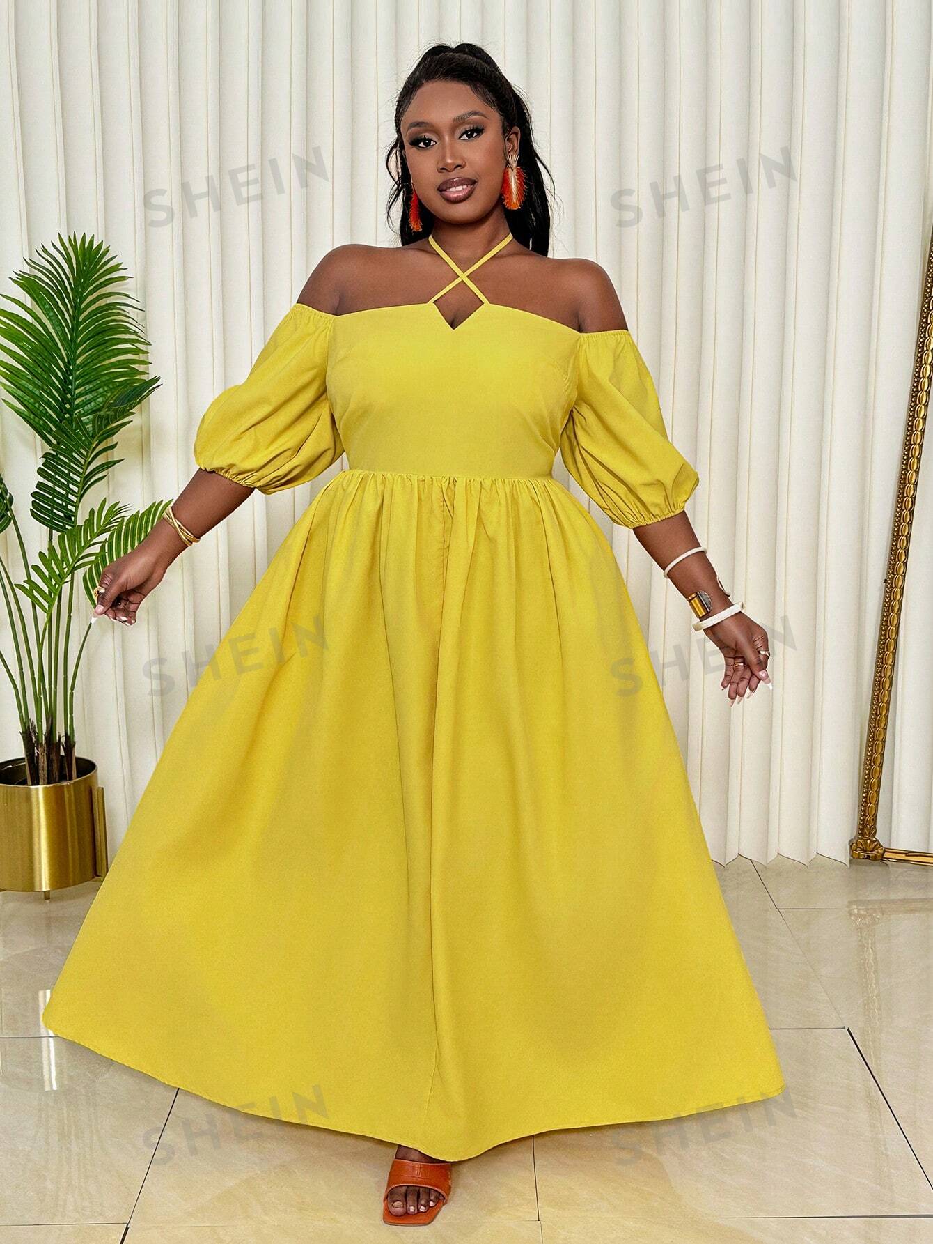 Slayr Plus Size Women's Casual Yellow Dress With Off-Shoulder Bubble Sleeves, Waist-Cinching And Flared Hemline, Perfect For Vacation In Spring And Summer -C