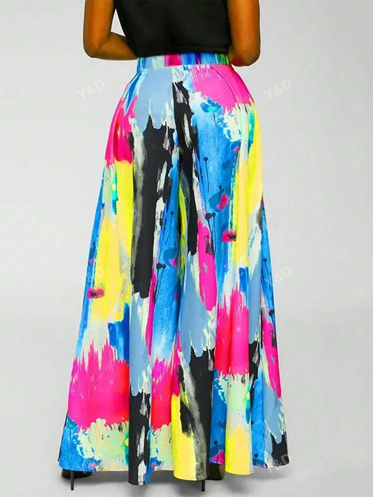 Women's Fashionable Tie-Dye Printed Elastic Waist Straight Wide Leg Pants