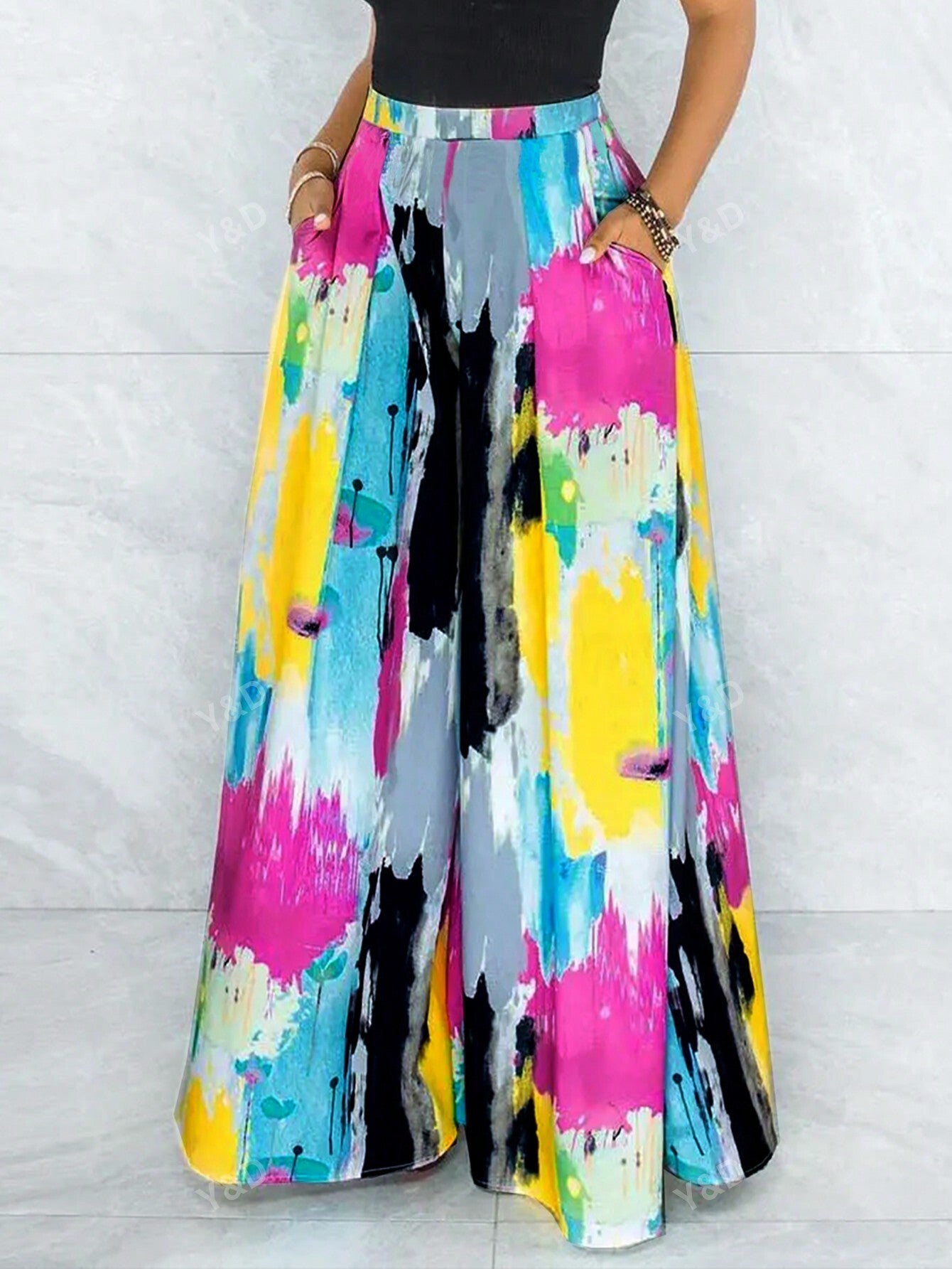 Women's Fashionable Tie-Dye Printed Elastic Waist Straight Wide Leg Pants