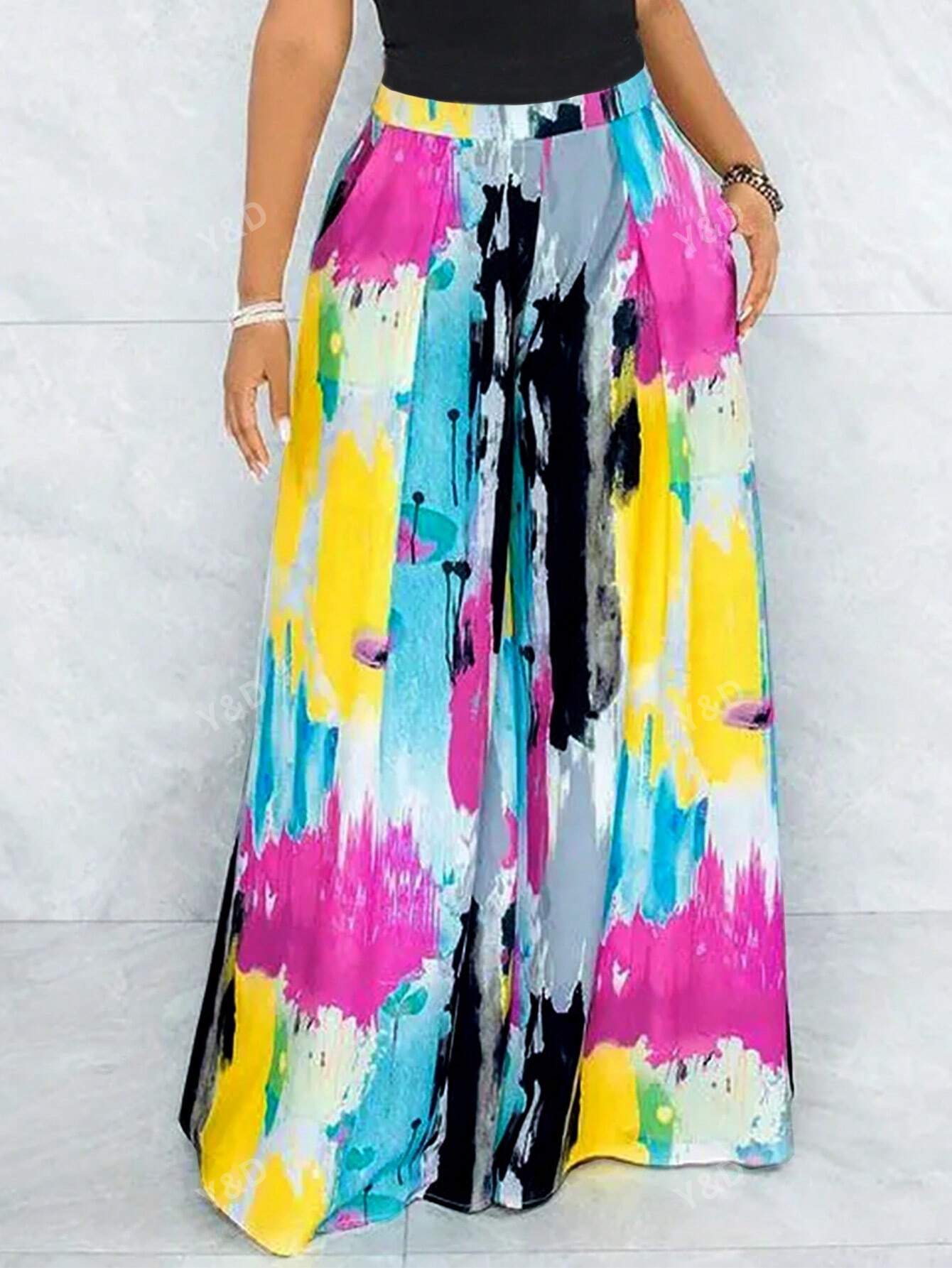 Women's Fashionable Tie-Dye Printed Elastic Waist Straight Wide Leg Pants