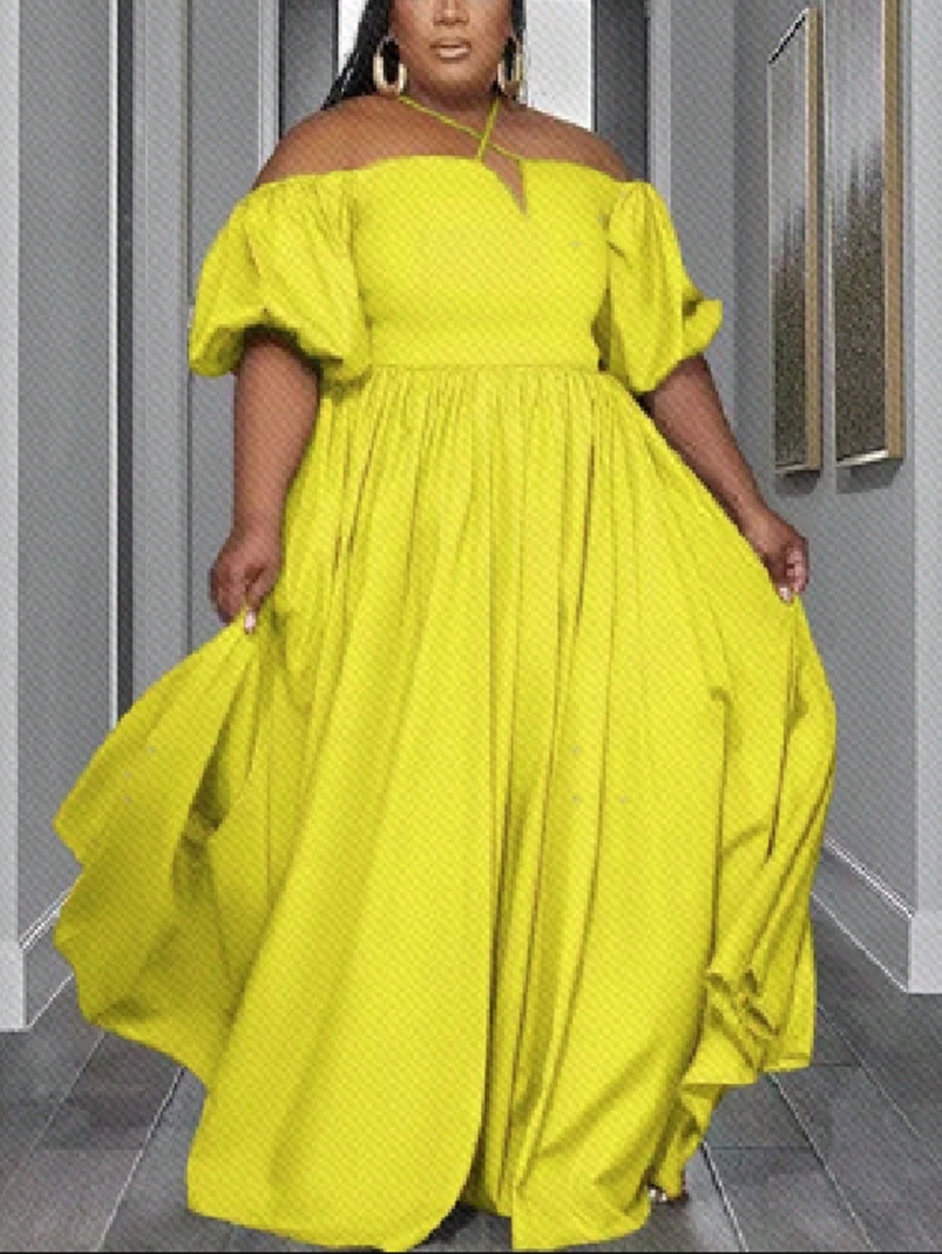 Slayr Plus Size Women's Casual Yellow Dress With Off-Shoulder Bubble Sleeves, Waist-Cinching And Flared Hemline, Perfect For Vacation In Spring And Summer -C