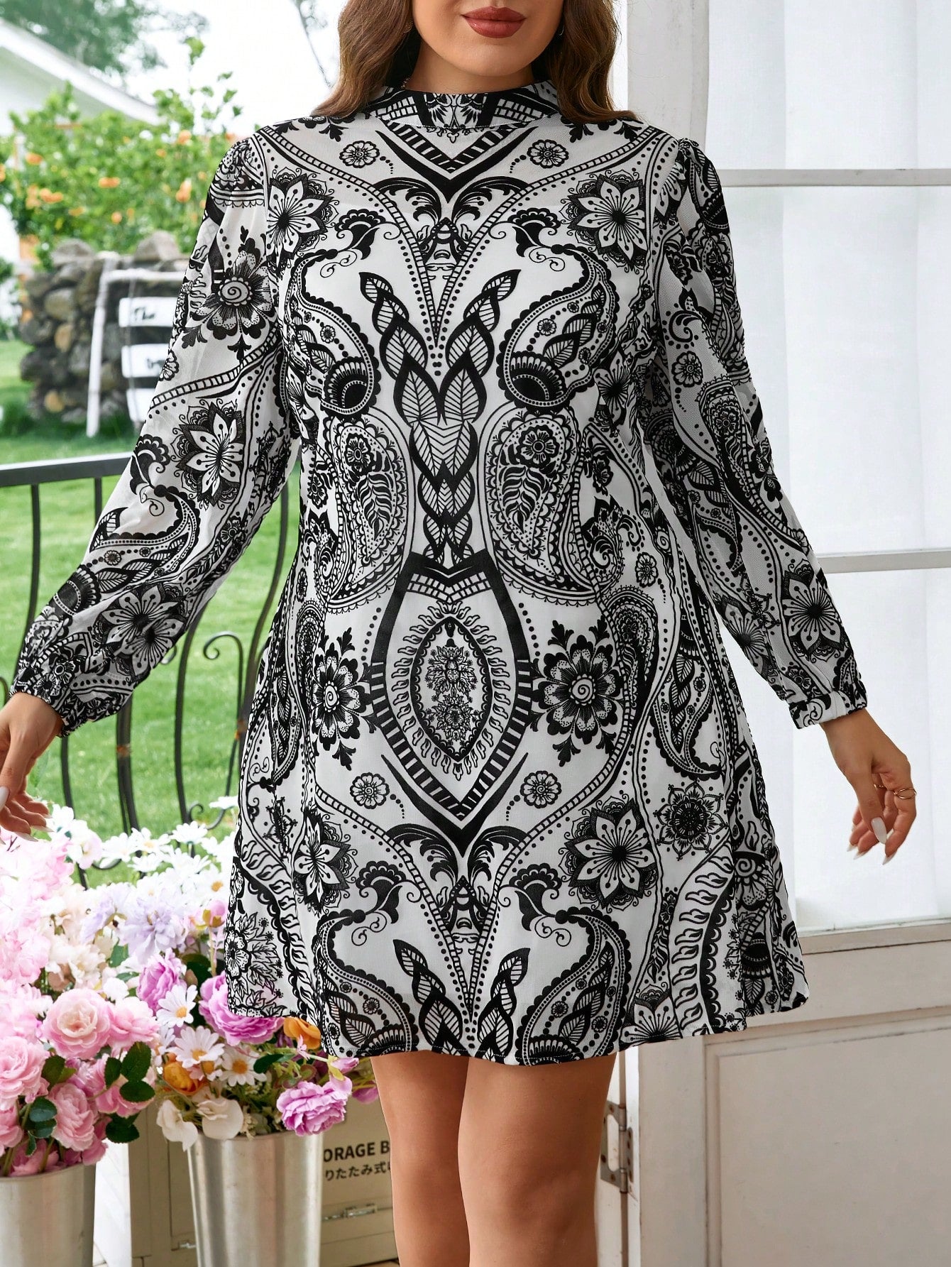 Privé Plus Size Elegant Plush Printed Fitted Short A-Line See-Through Long Sleeve Dress