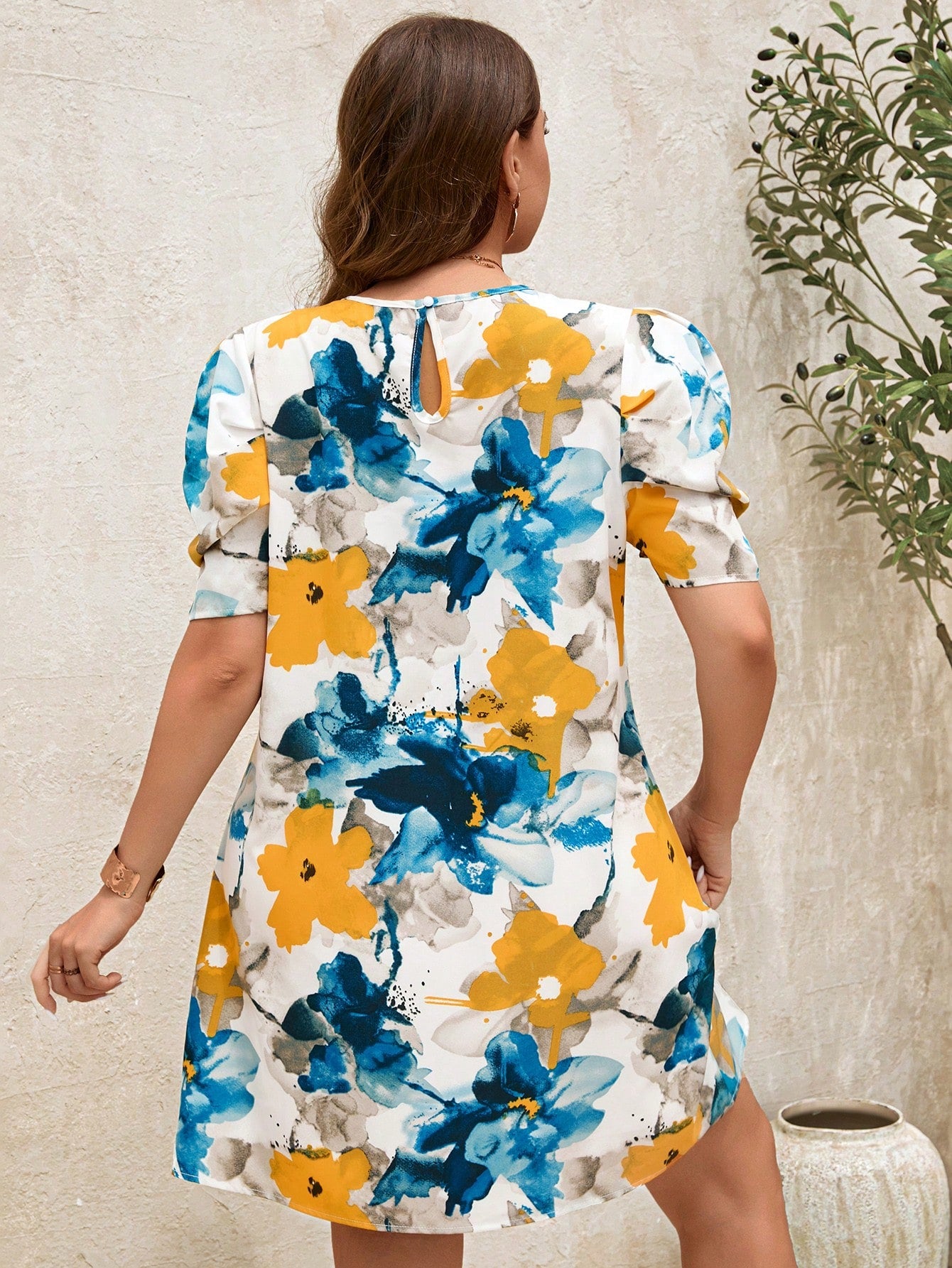 Clasi Summer Big Floral Print Gigot Sleeve Straight Dress, Elegant Daily Plus Size Dress