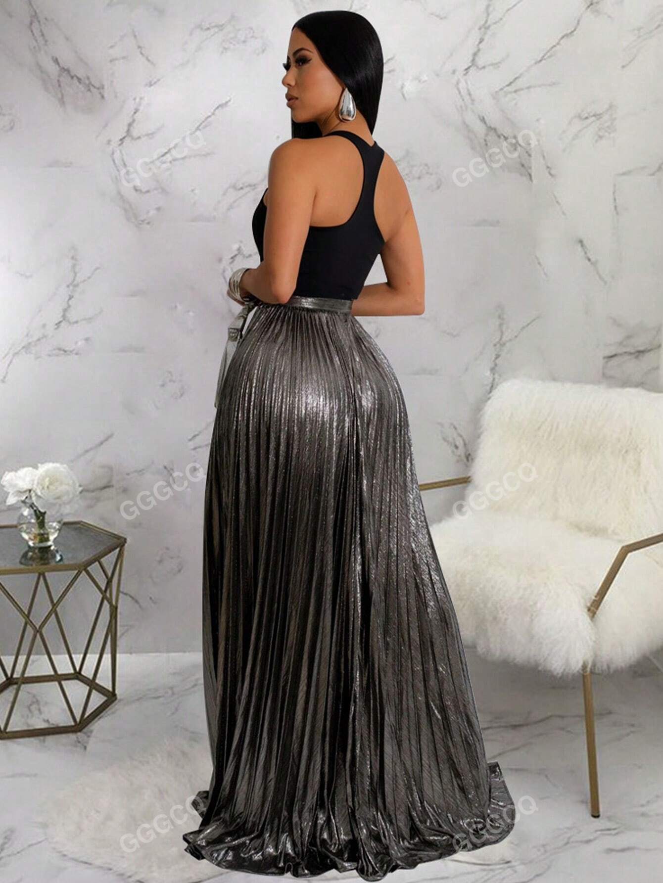 Women's Metallic High Slit Skirt, Party Style