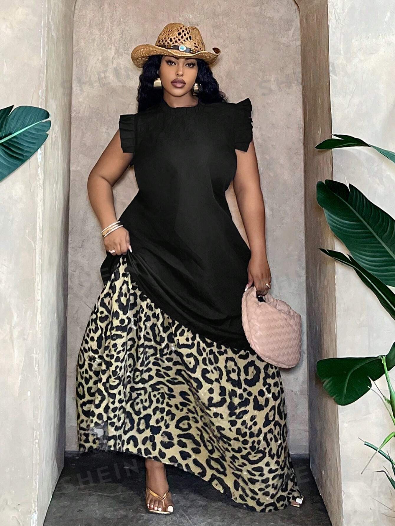 Slayr Plus Size Loose Solid Color Spliced Leopard Print Sleeveless Dress With Ruffle Hem And Stand Collar, Perfect For Vacation, Elegant, Casual Wear, Spring/Summer Season