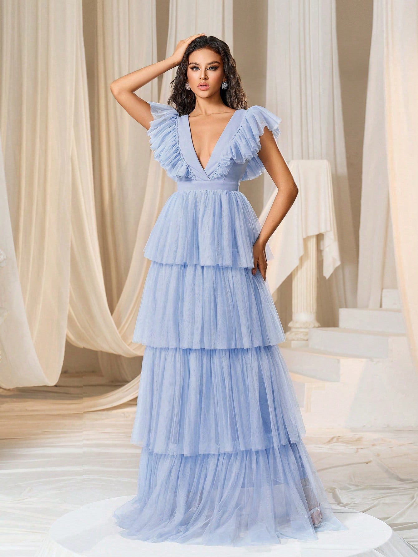 Faeriesty Cap Sleeves Layered Mesh Formal Dress Woman Formal Ball Gown