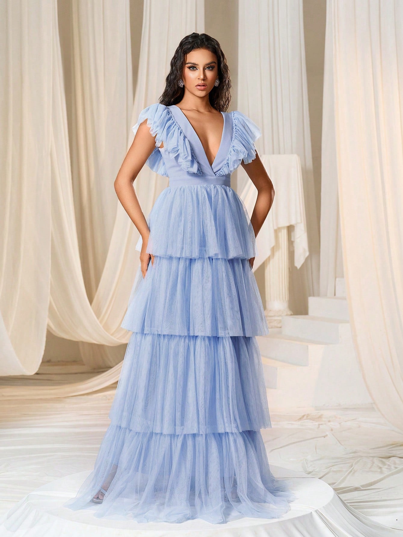 Faeriesty Cap Sleeves Layered Mesh Formal Dress Woman Formal Ball Gown