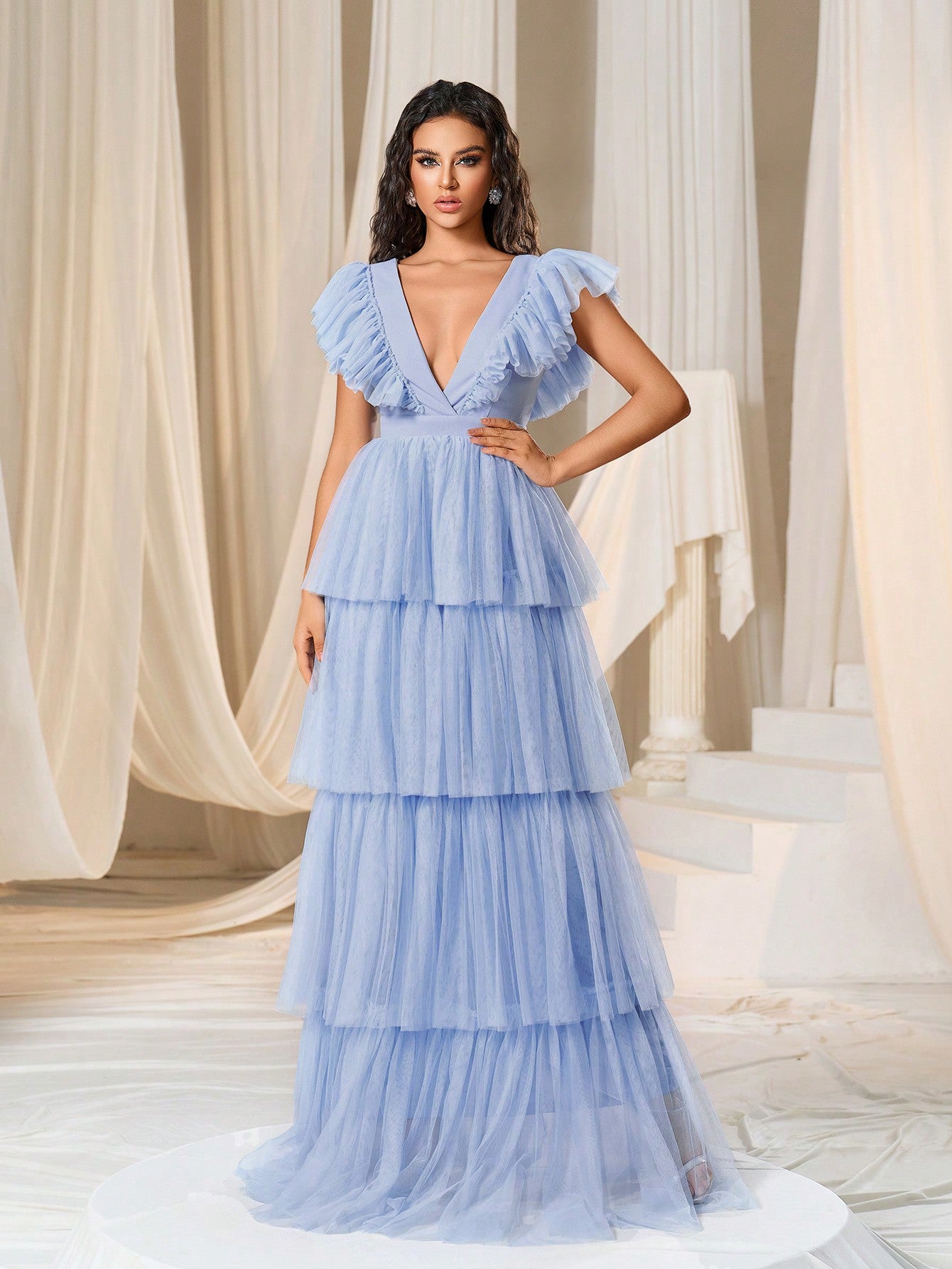 Faeriesty Cap Sleeves Layered Mesh Formal Dress Woman Formal Ball Gown