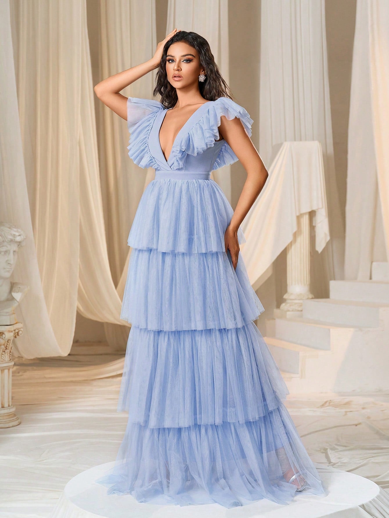 Faeriesty Cap Sleeves Layered Mesh Formal Dress Woman Formal Ball Gown