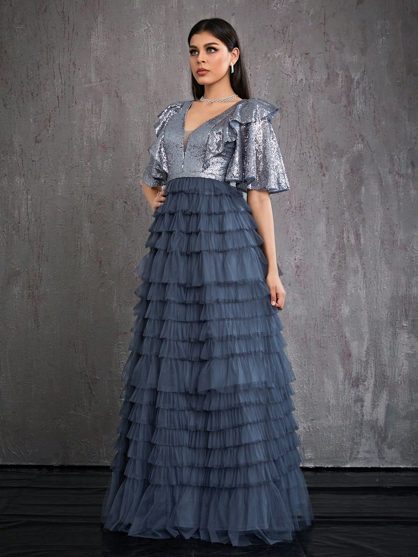 V-Neck Beaded Mesh Layered Cake Dress With Flounce Sleeve For High-End Evening Party