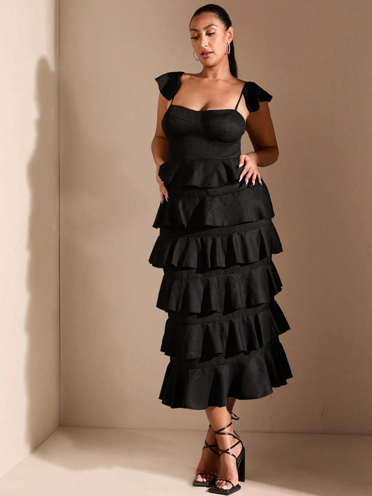 BAE Bridgerton Style Dress  Plus Size Romantic Vacation Date Black Tiered Ruffle Halter Top Mid-Length Dress