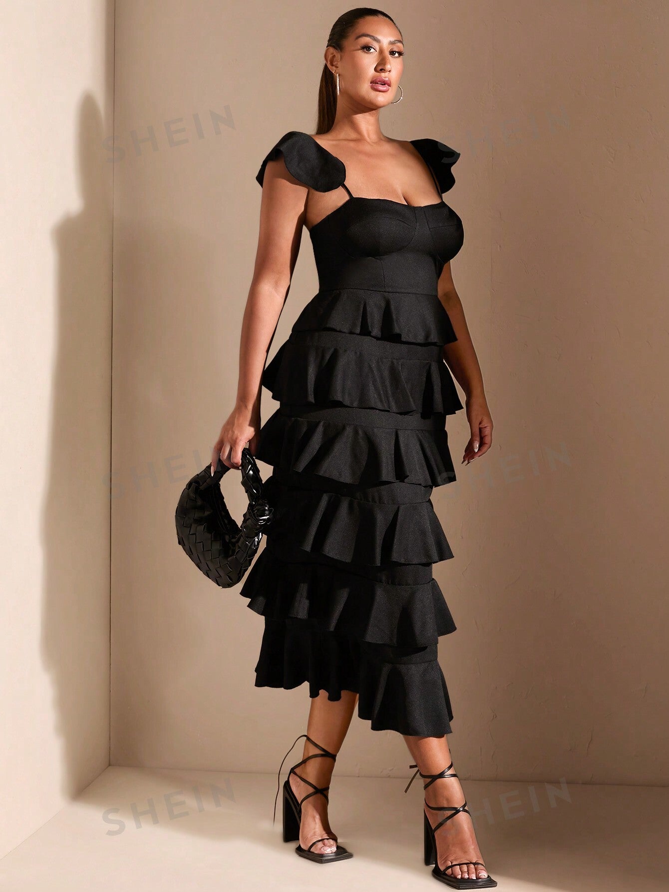 BAE Bridgerton Style Dress  Plus Size Romantic Vacation Date Black Tiered Ruffle Halter Top Mid-Length Dress