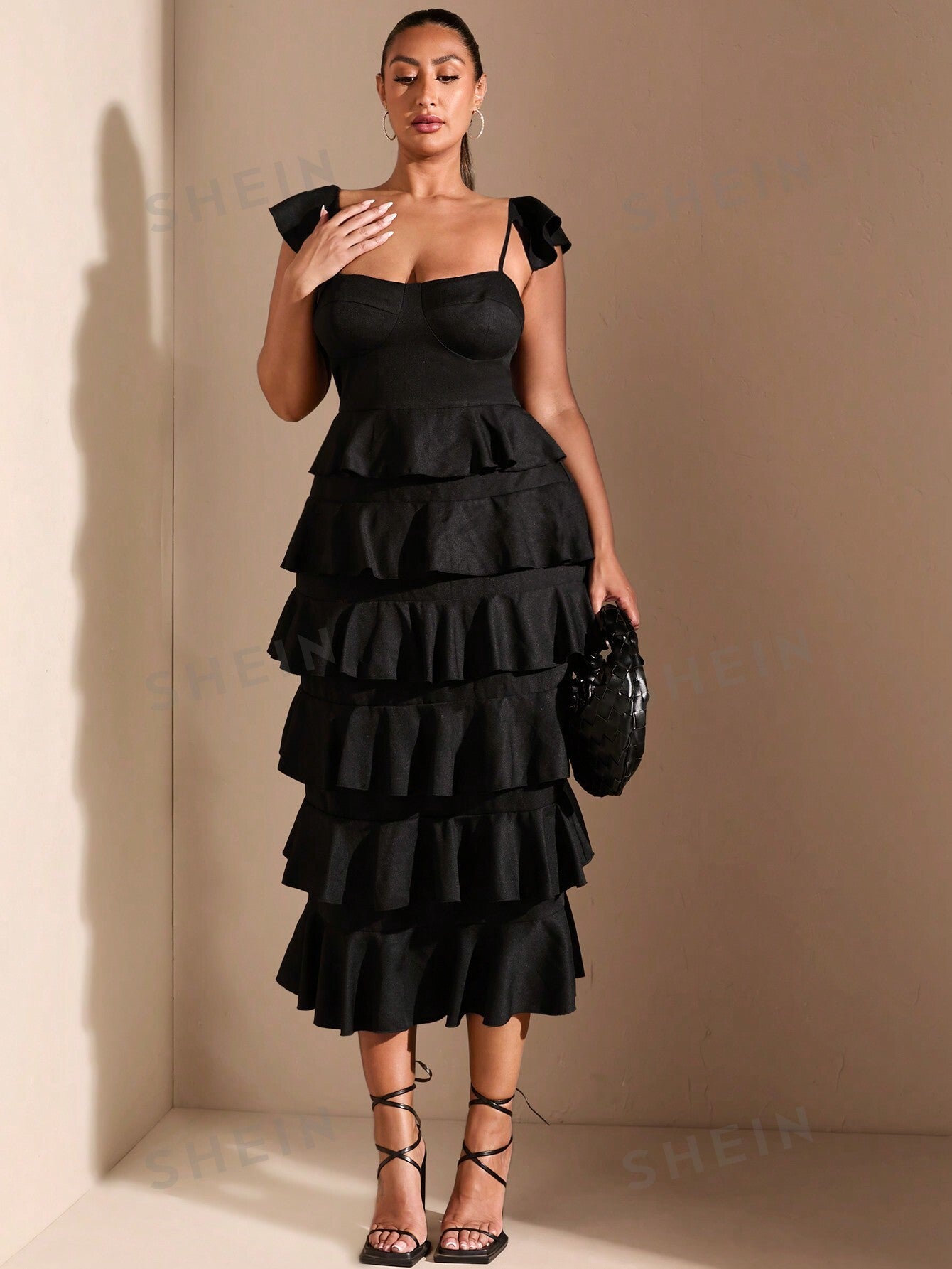 BAE Bridgerton Style Dress  Plus Size Romantic Vacation Date Black Tiered Ruffle Halter Top Mid-Length Dress