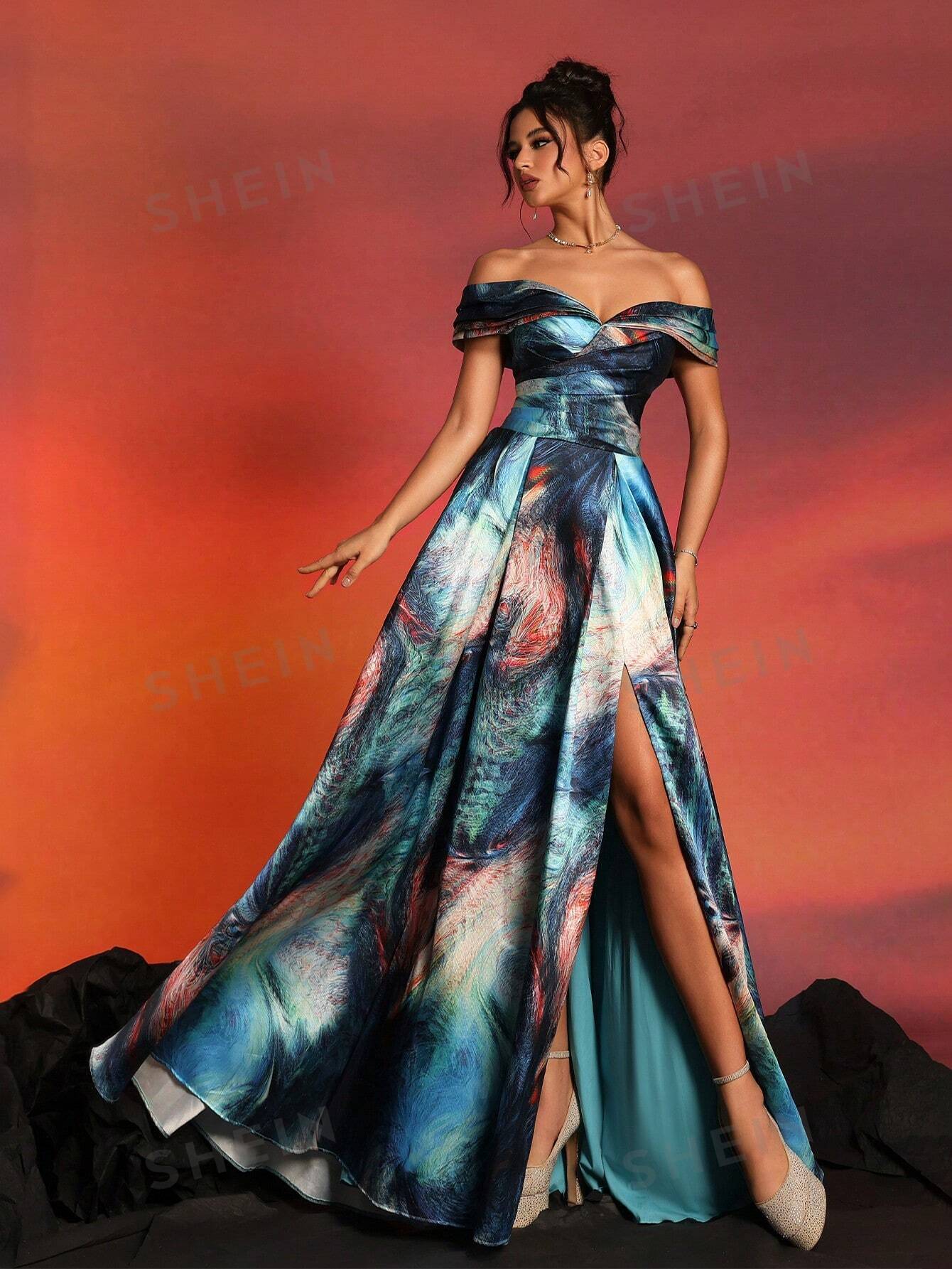 New Arrival Off-Shoulder Satin Printed High-End Formal Evening Dress