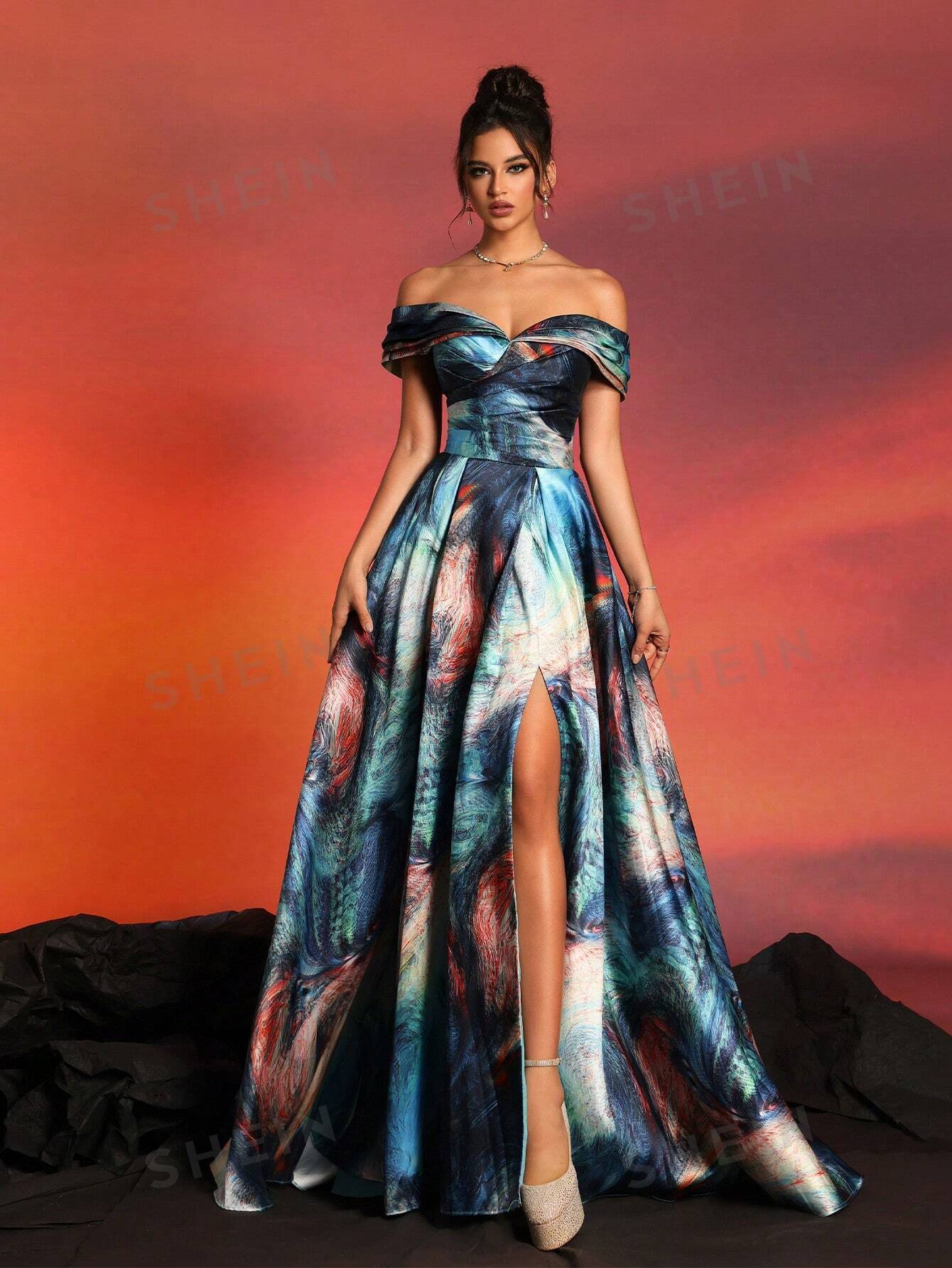 New Arrival Off-Shoulder Satin Printed High-End Formal Evening Dress