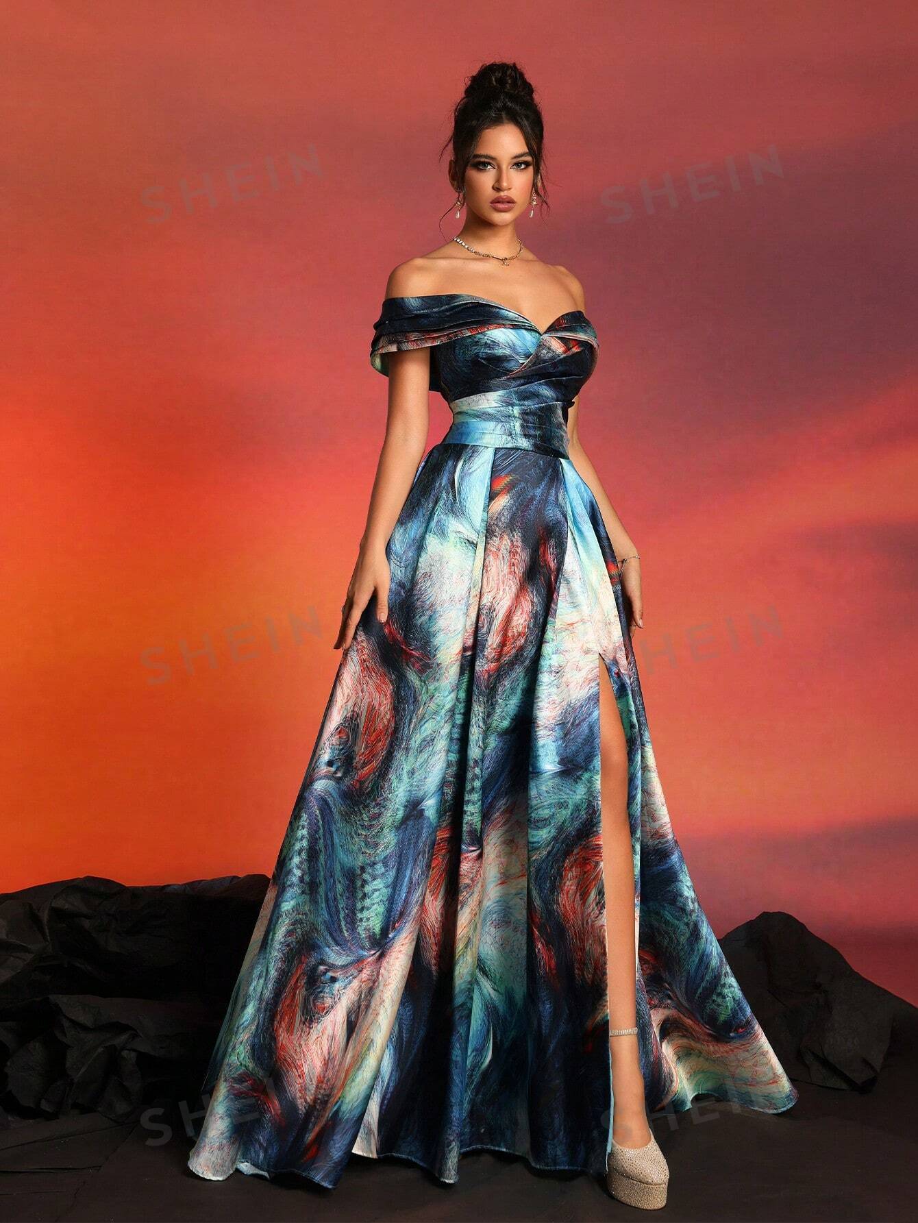 New Arrival Off-Shoulder Satin Printed High-End Formal Evening Dress