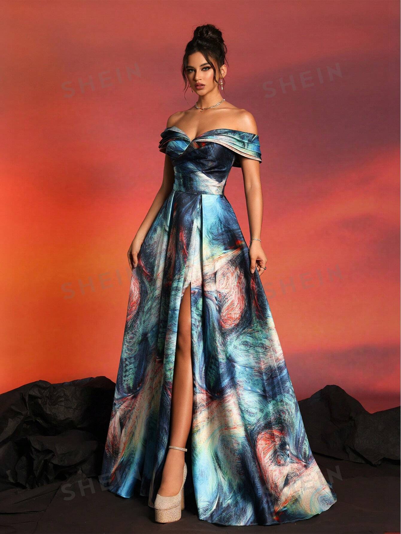 New Arrival Off-Shoulder Satin Printed High-End Formal Evening Dress