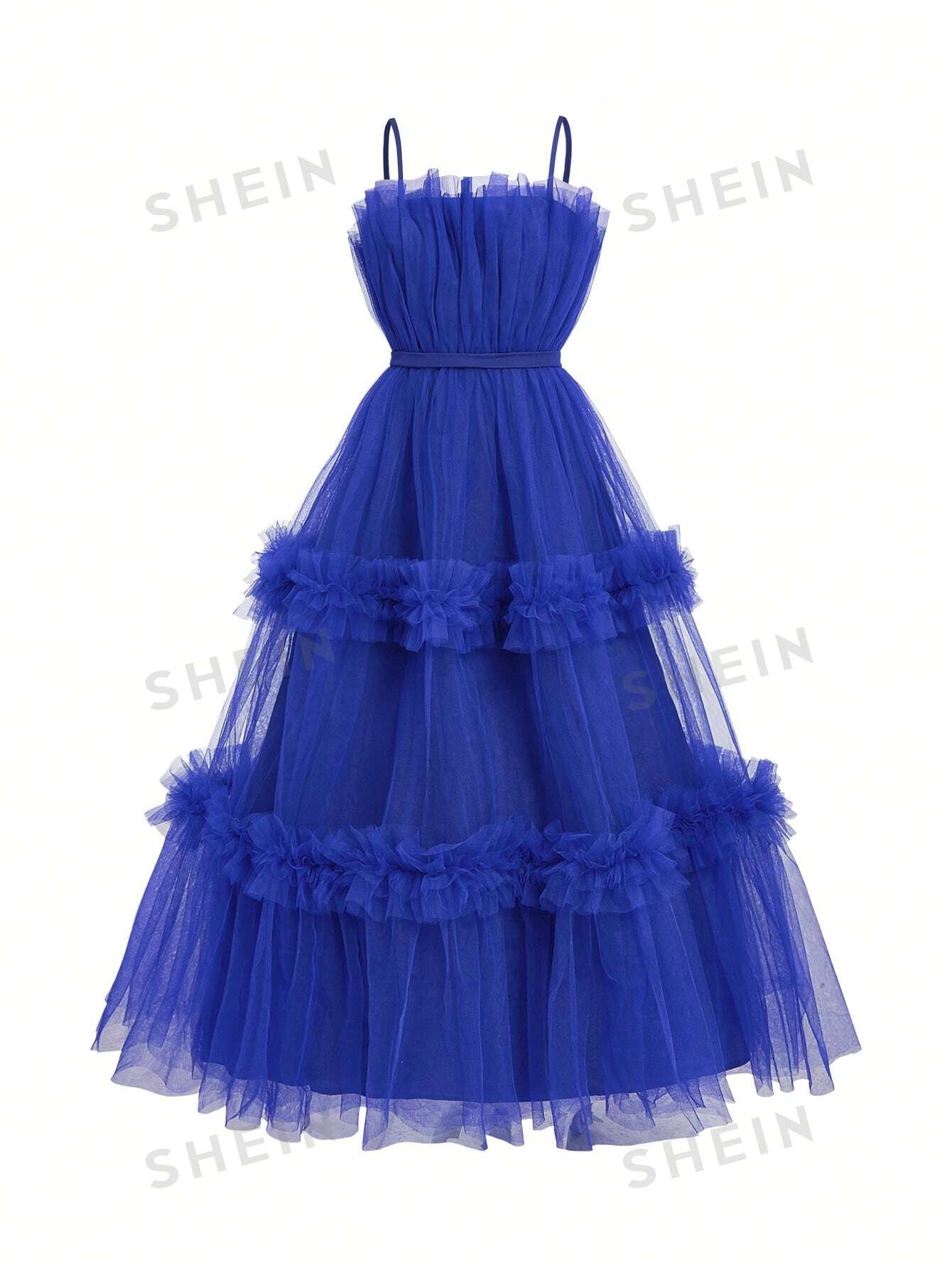 Belle Elegant Ruffle Hem A-Line Women's Evening Dress With Pleated Spaghetti Straps (Heavy Style)