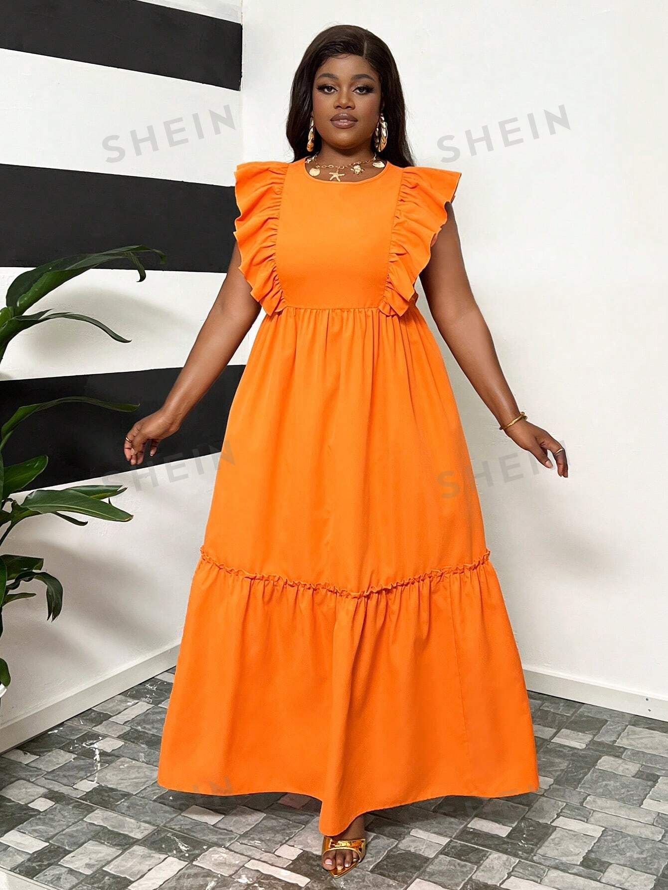 Slayr Plus Size Women's Orange Round Neck Casual/Party/Beach Dress With Flowy Hem, Summer