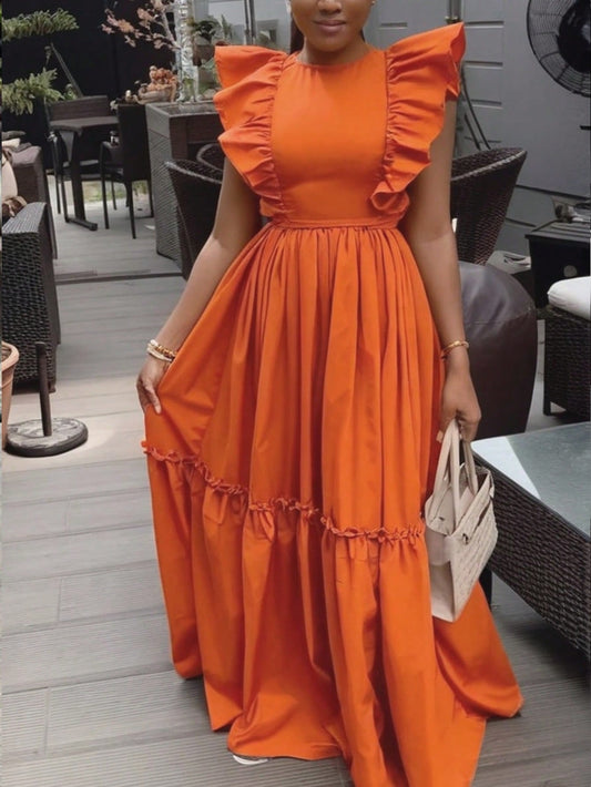 Slayr Plus Size Women's Orange Round Neck Casual/Party/Beach Dress With Flowy Hem, Summer