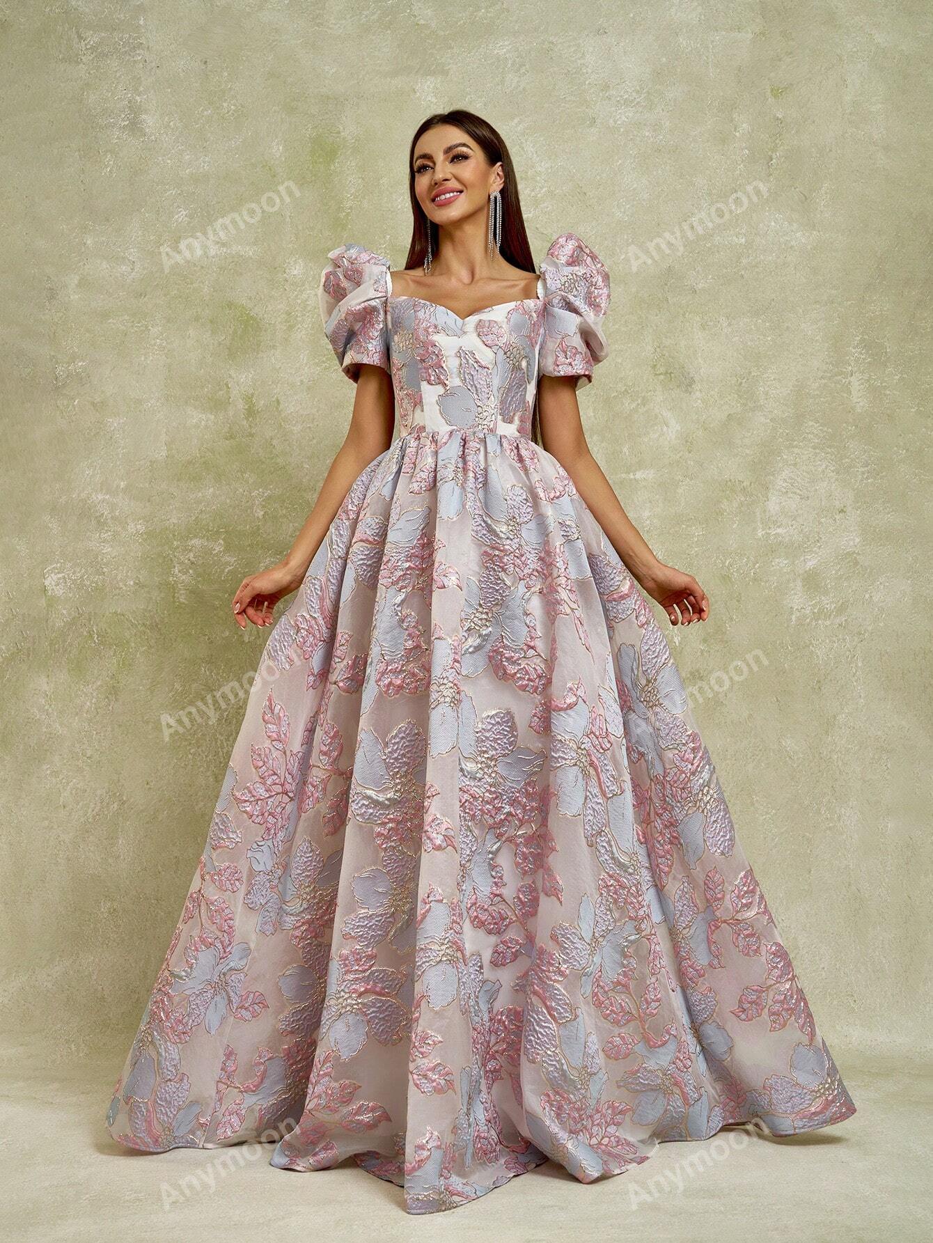 Anymoon Puff Sleeve Off Shoulder Shiny 3D Floral Jacquard Women's Formal Evening Dress